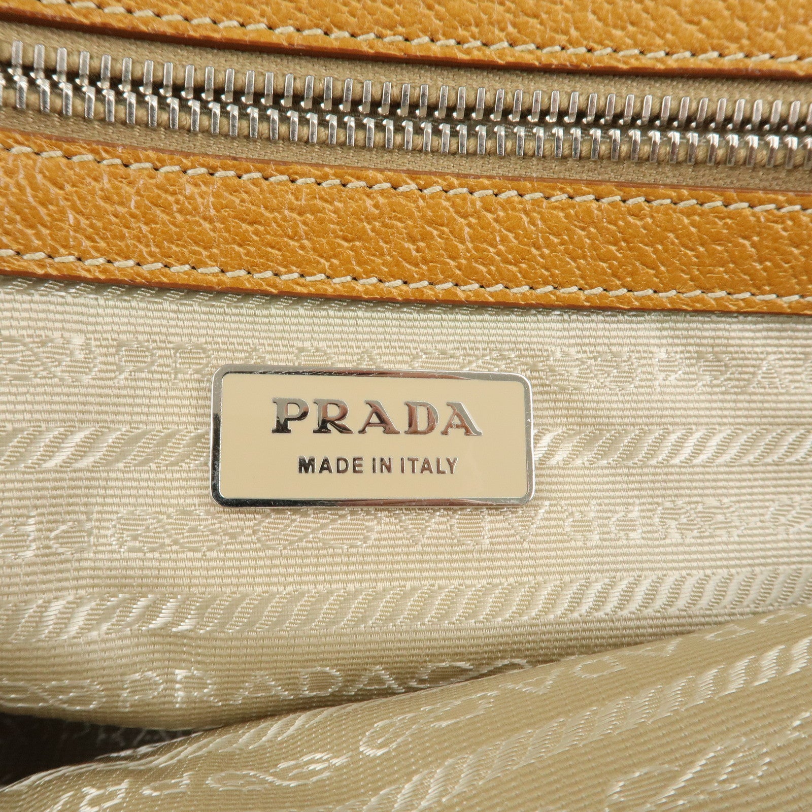 PRADA Canvas Leather Triangle Logo Boston Bag Ivory Brown