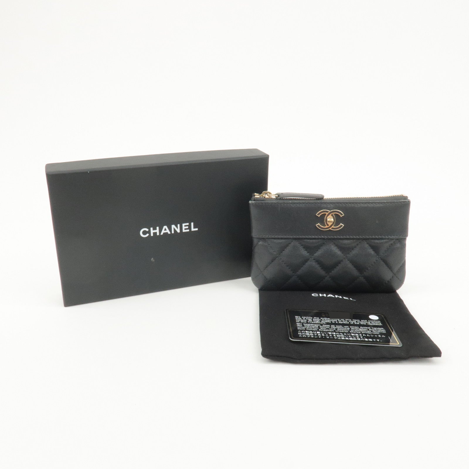 CHANEL Matelasse Lamb Skin Coco Mark Pouch Black Gold Used