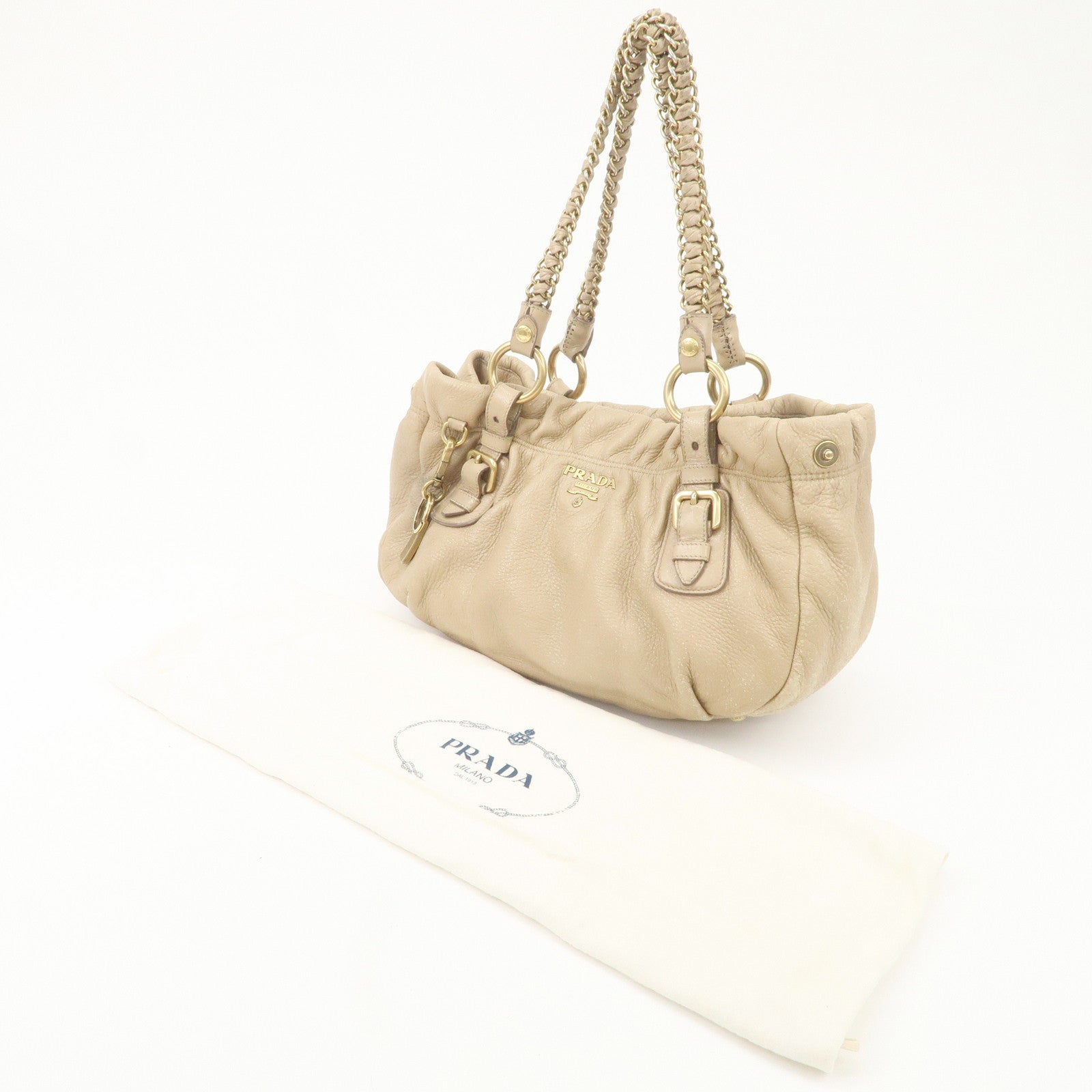 PRADA Leather Chain Shoulder Bag Beige