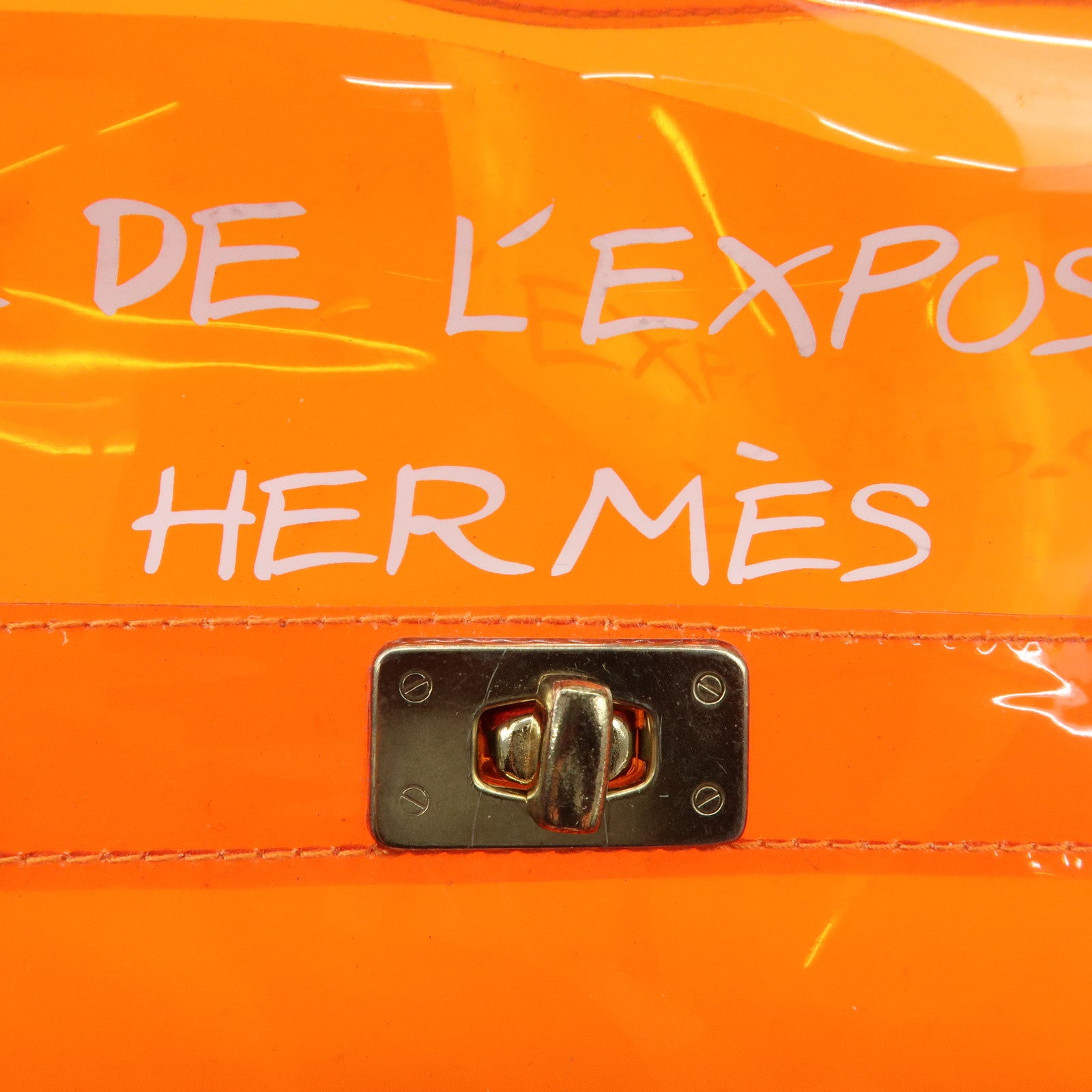 HERMES Vinyl Kelly Bag Hand Bag Clear Orange Gold Hardware