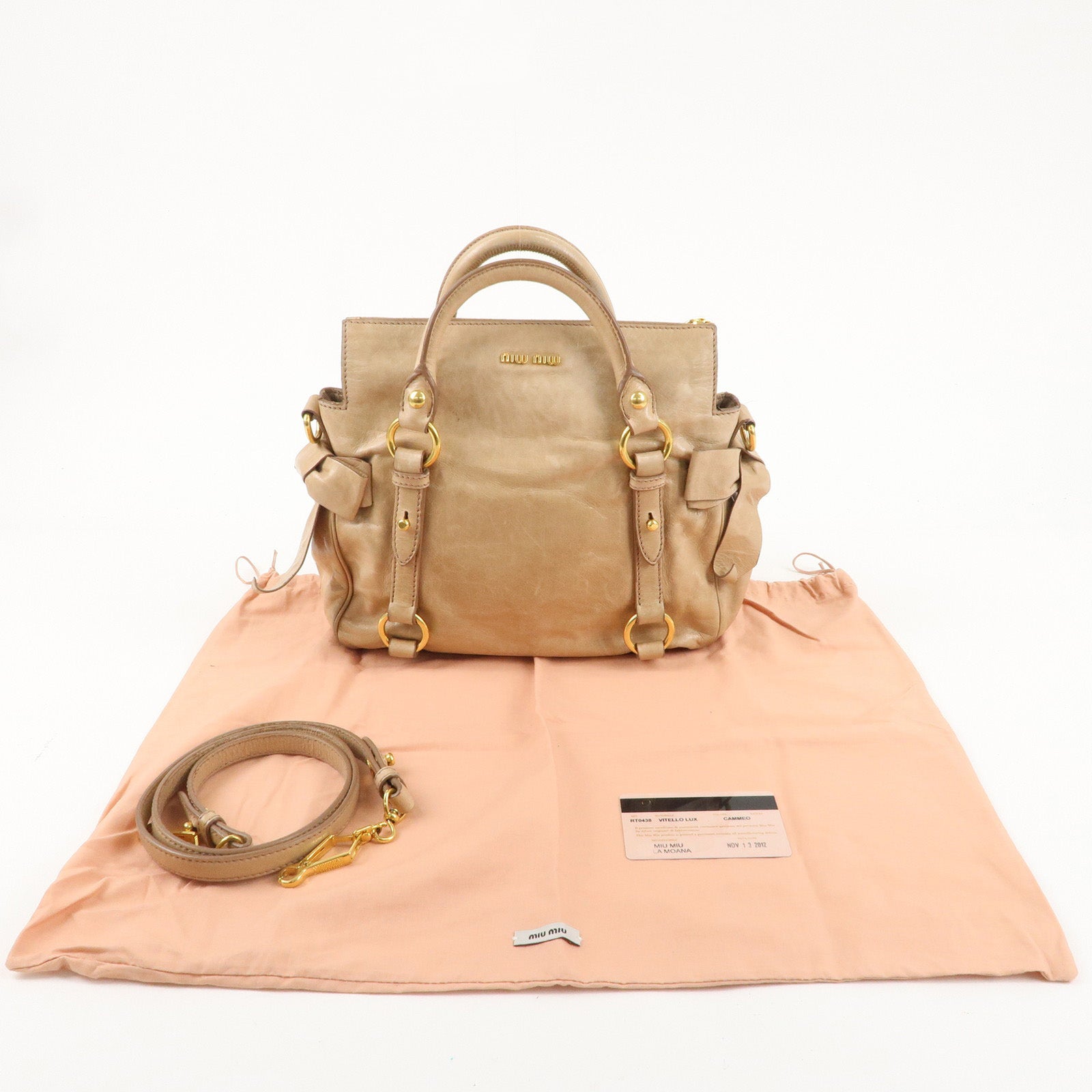 MIU MIU Leather Side Ribbon 2WAY Hand Shoulder Bag Beige PT0438