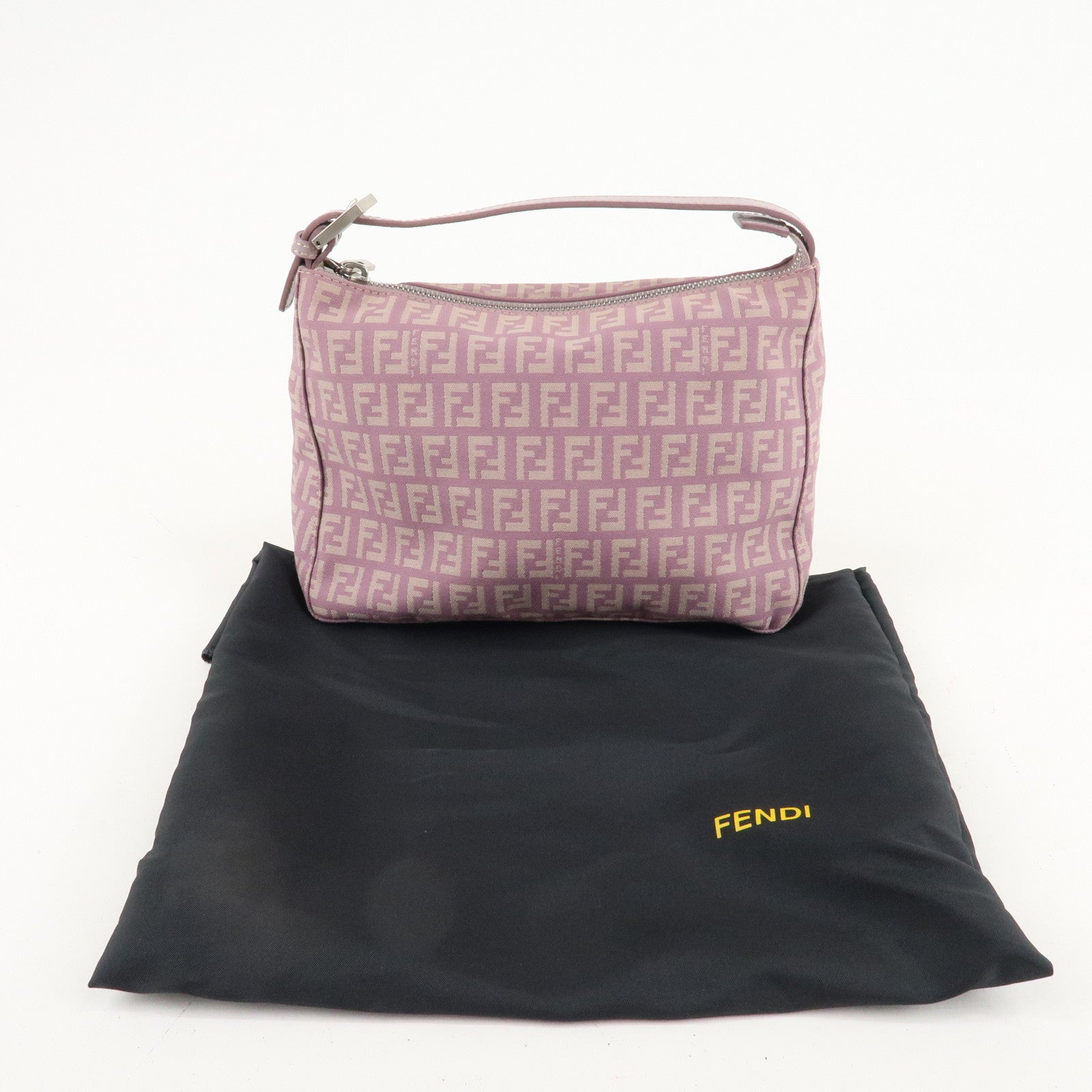 Auth FENDI  Zucchino Canvas Leather Hand Bag Pouch Purple Beige 8N0005 Used F/S