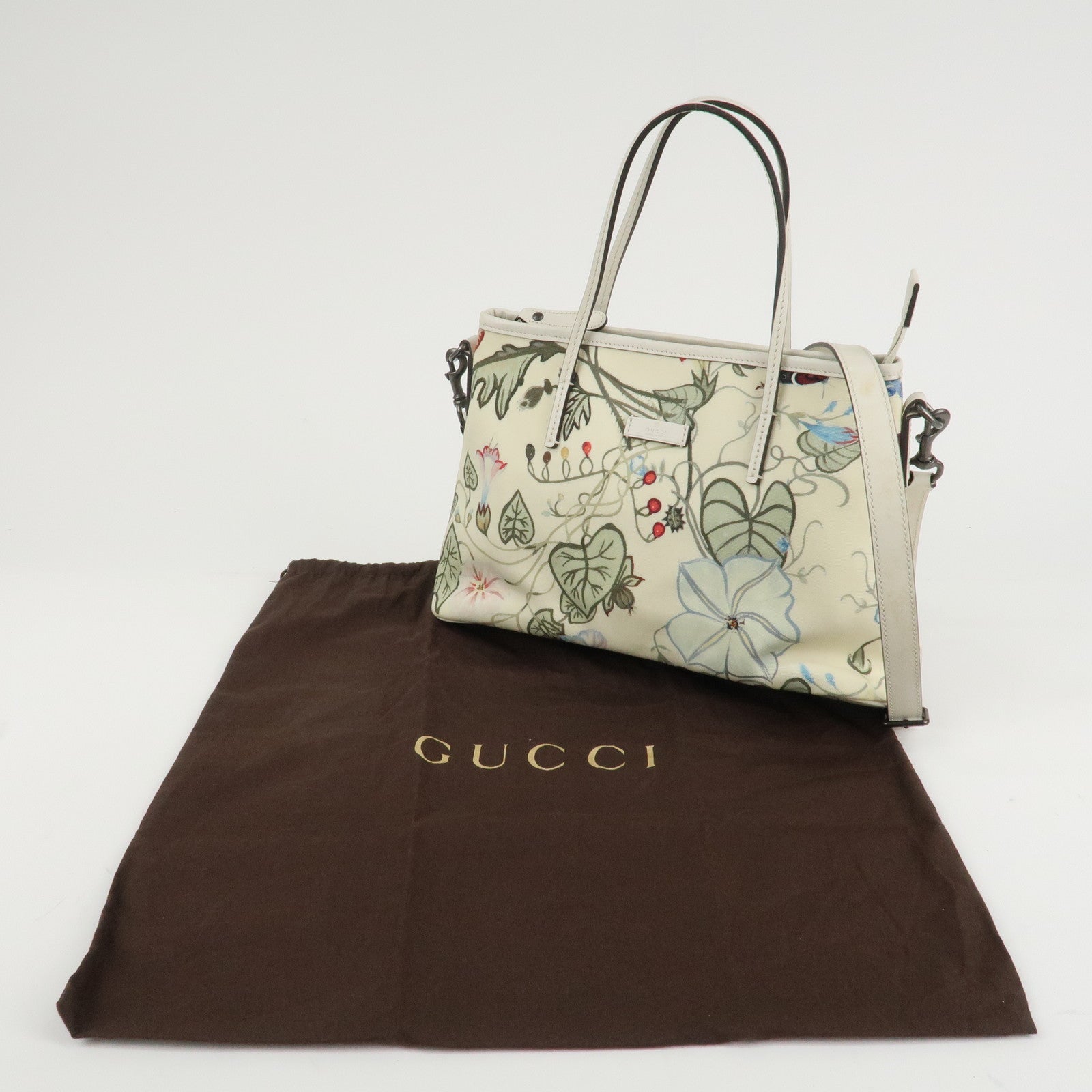 GUCCI Flora Canvas Leather 2WAY Hand Bag Ivory 353440