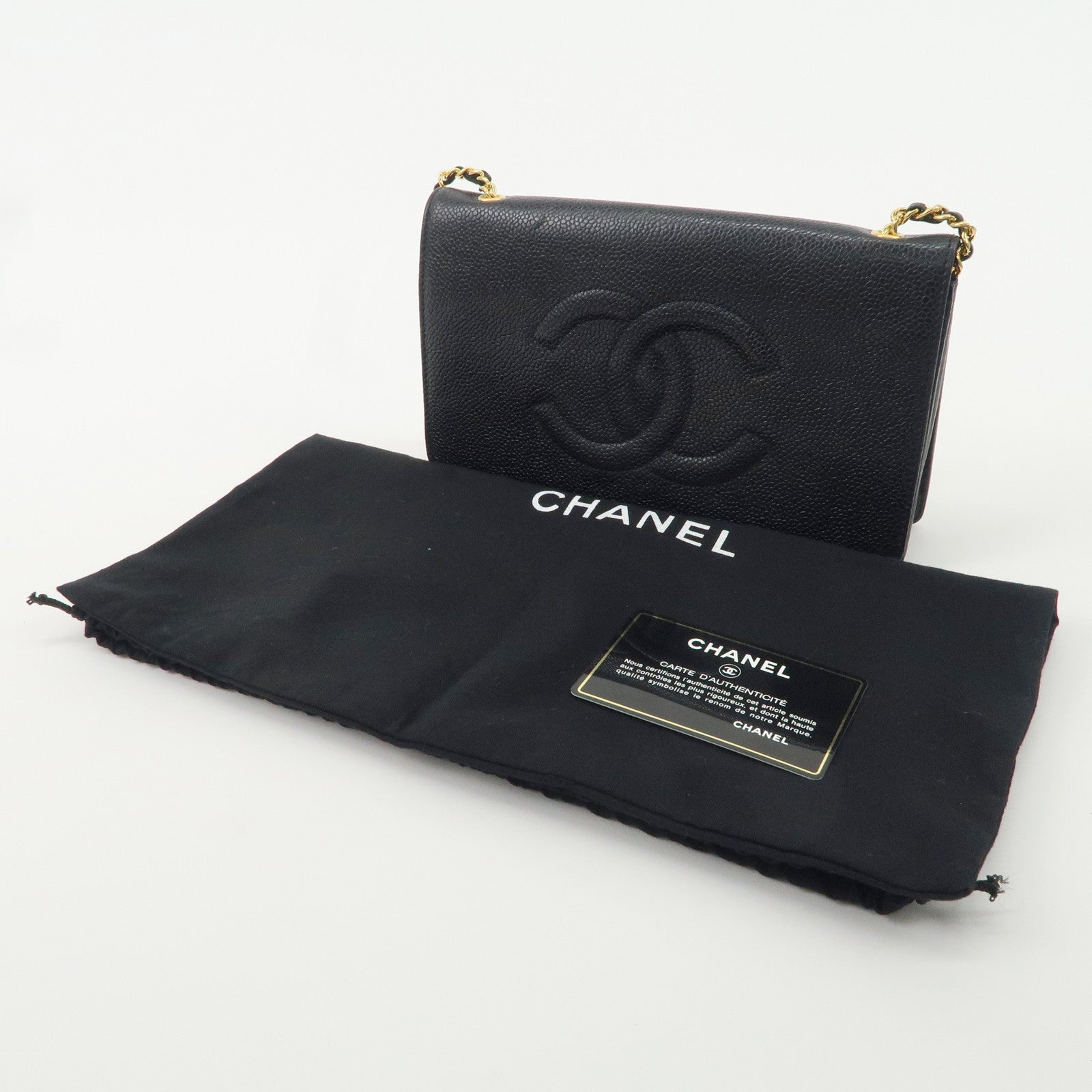 CHANEL Caviar Skin Coco Mark Chain Wallet Shoulder Bag Black