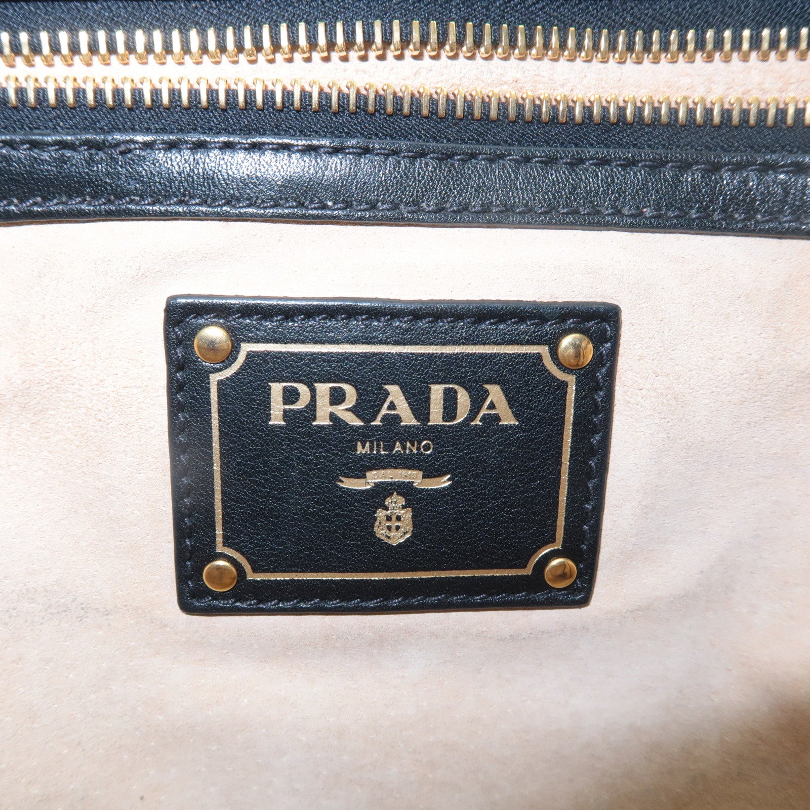 PRADA Logo Leather Tote Bag Shoulder Bag Black Gold Hardware