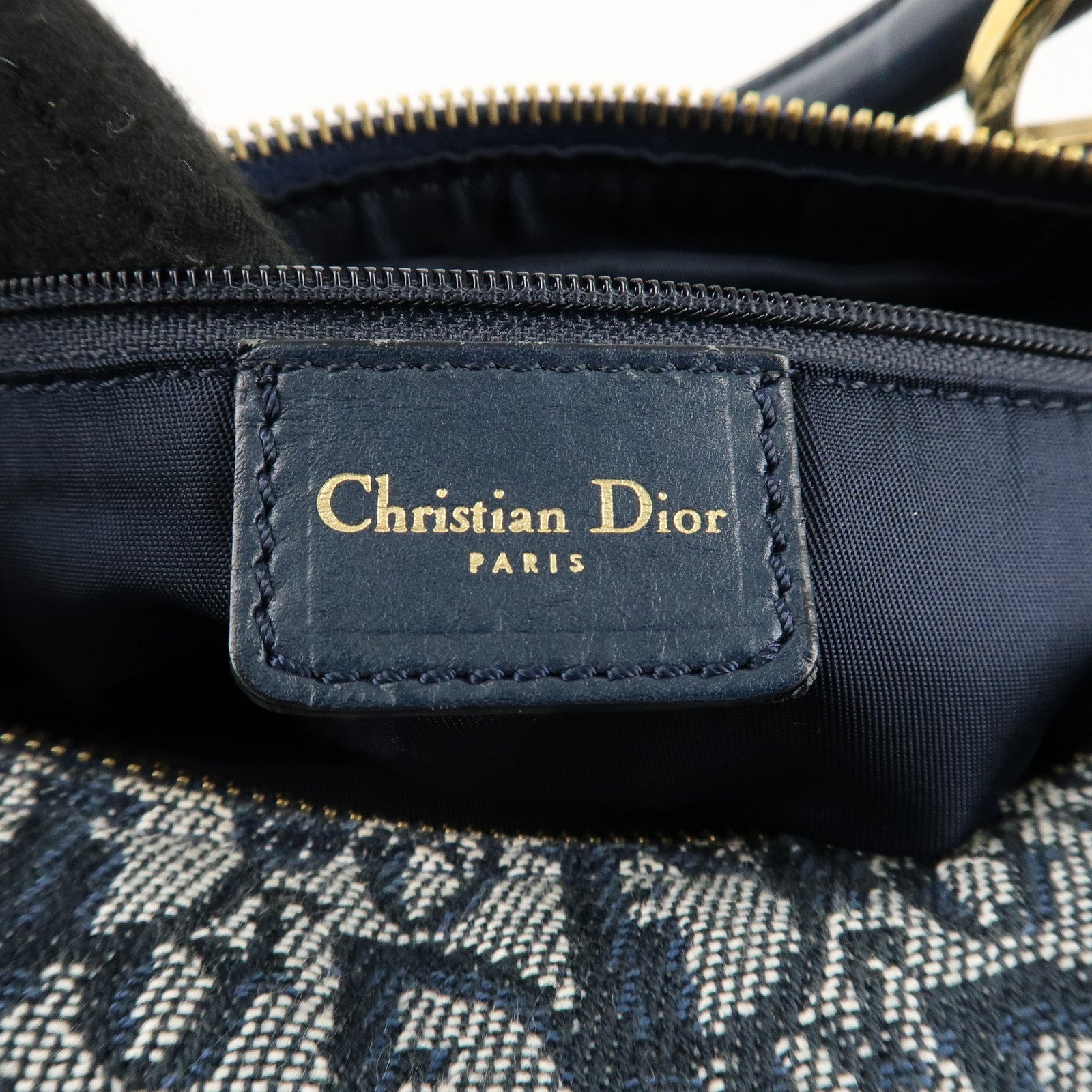 Christian Dior Trotter Canvas Leather Boston Bag Navy white