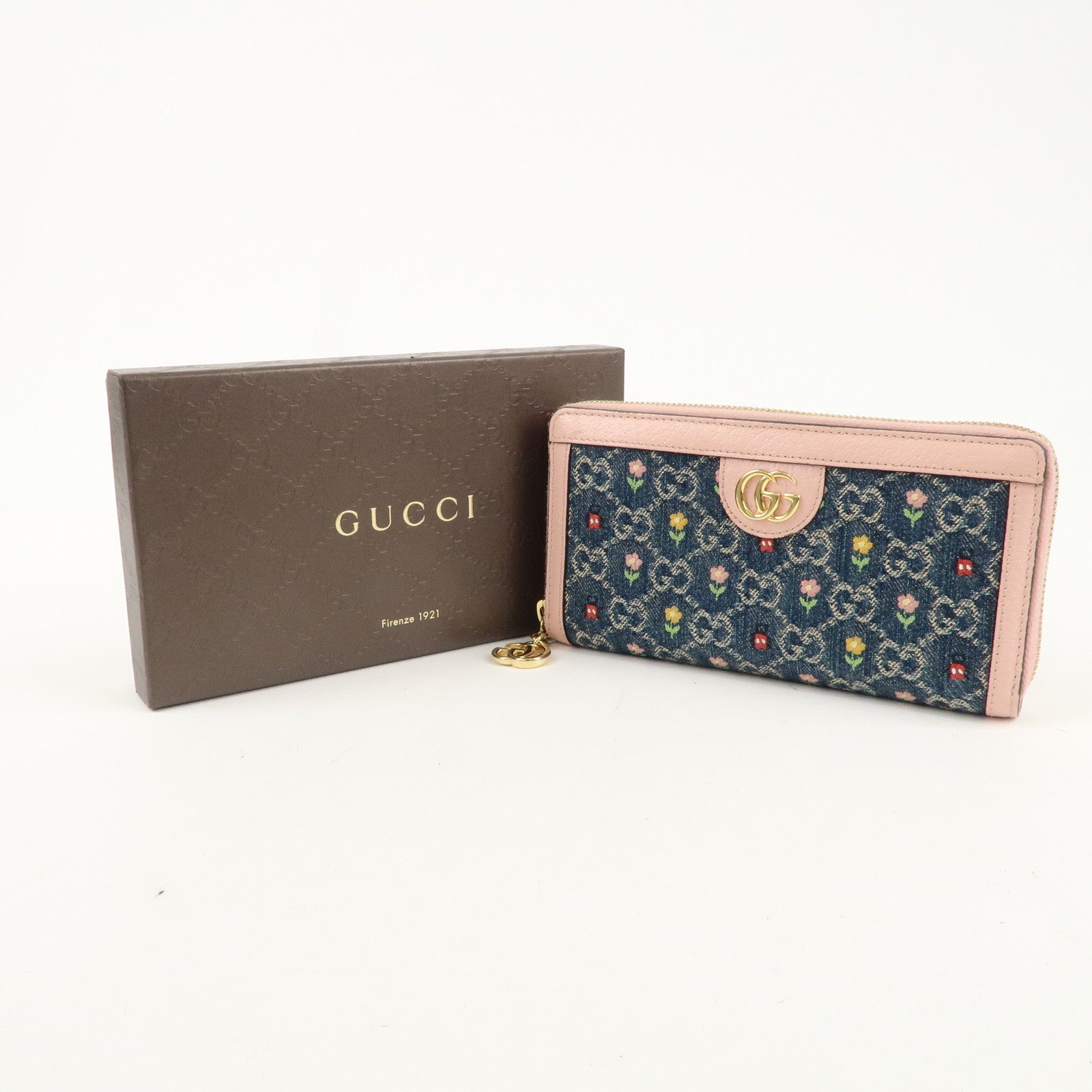 GUCCI Ophidia GG Denim Leather Round Zipper Wallet 523154 Used