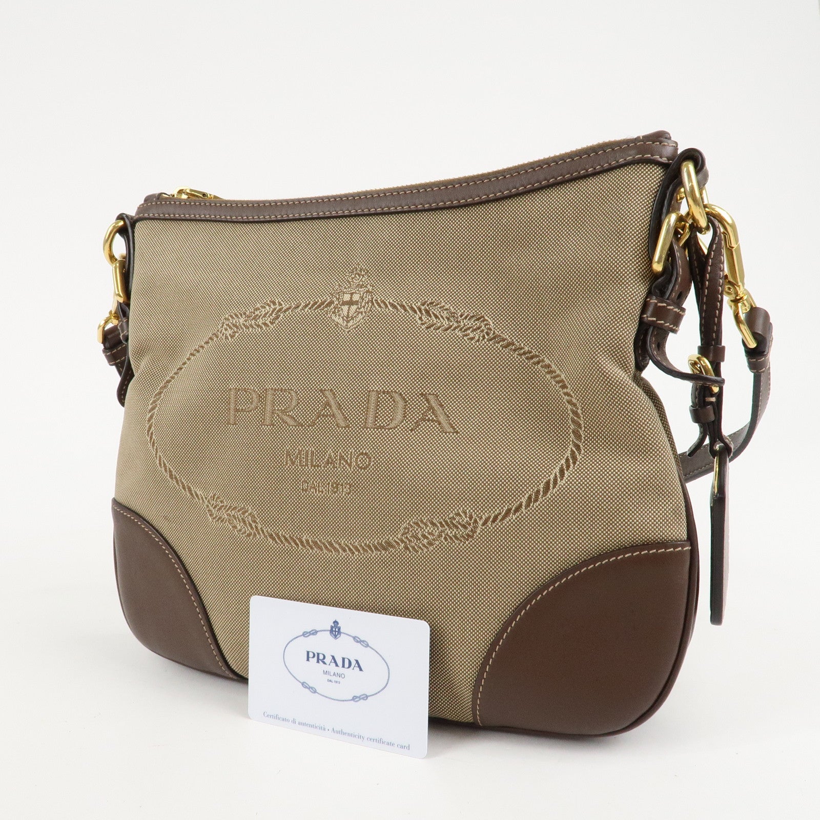 PRADA Jacquard Leather Shoulder Crossbody Bag Beige Brown BT867A Used