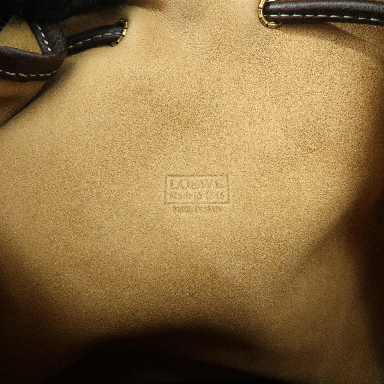 LOEWE Anagram Suede Leather Drawstring Shoulder Bag Beige Brown