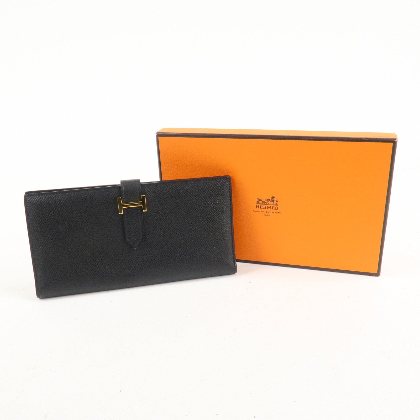 HERMES Leather Bearn Long Wallet M Stamped (around 2009) Black