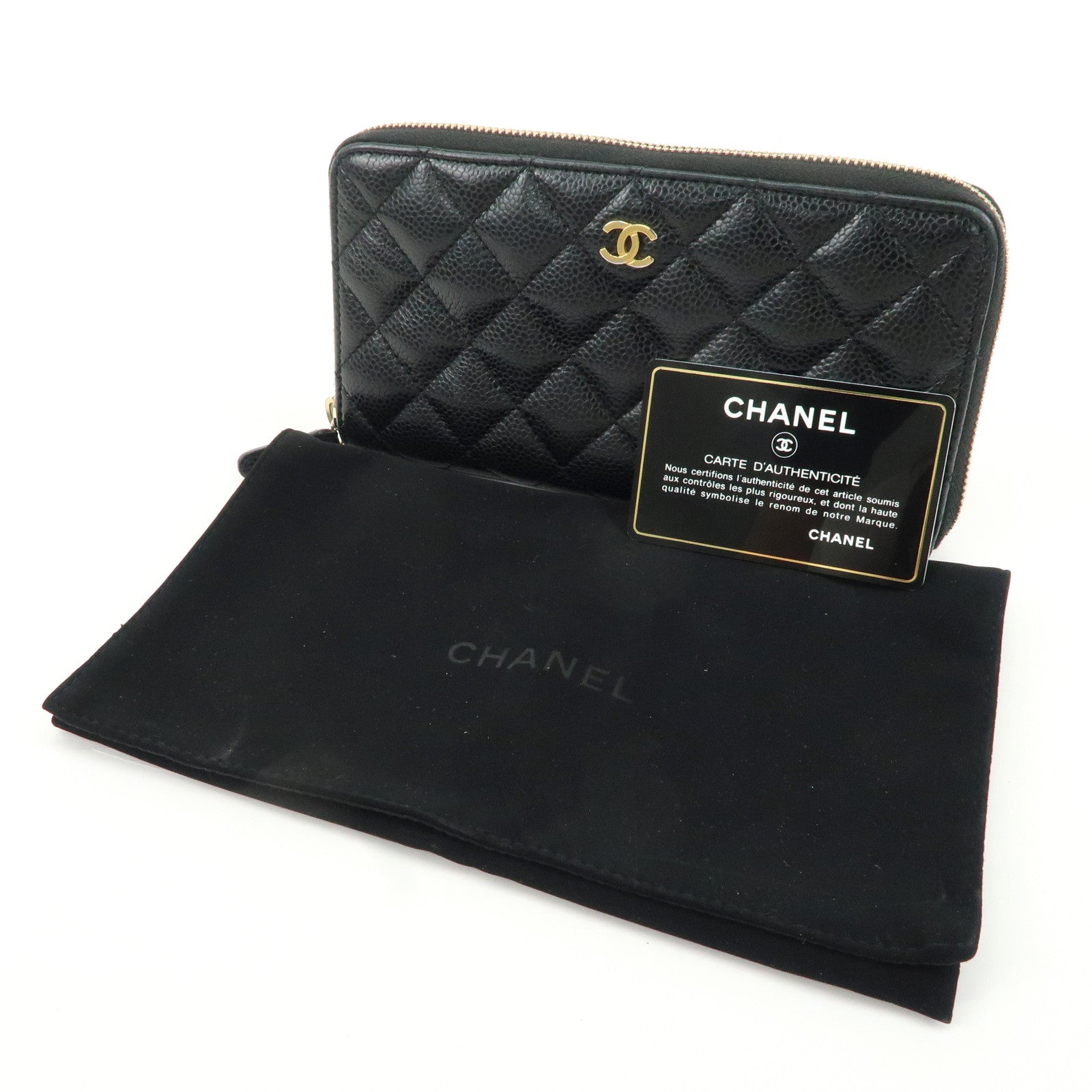 CHANEL Matelasse Cavier Skin Coco Mark Zippy Round Wallet Black Used