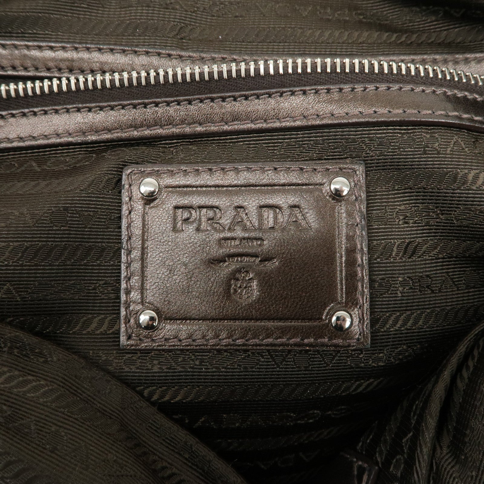 PRADA Logo Nylon Leather Stripe Tote Bag Hand Bag Brown BL0538 Used