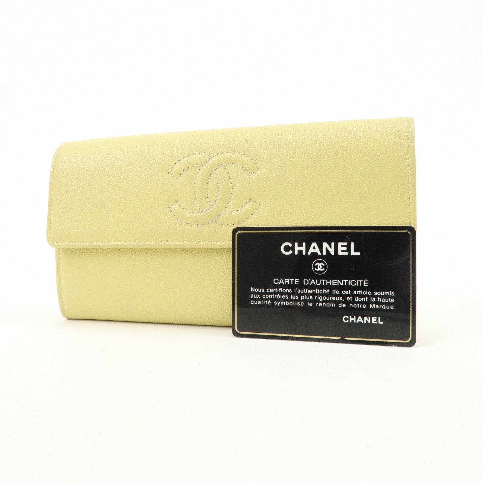 CHANEL Caviar Skin Coco Mark Bi-fold Long Wallet Light Yellow