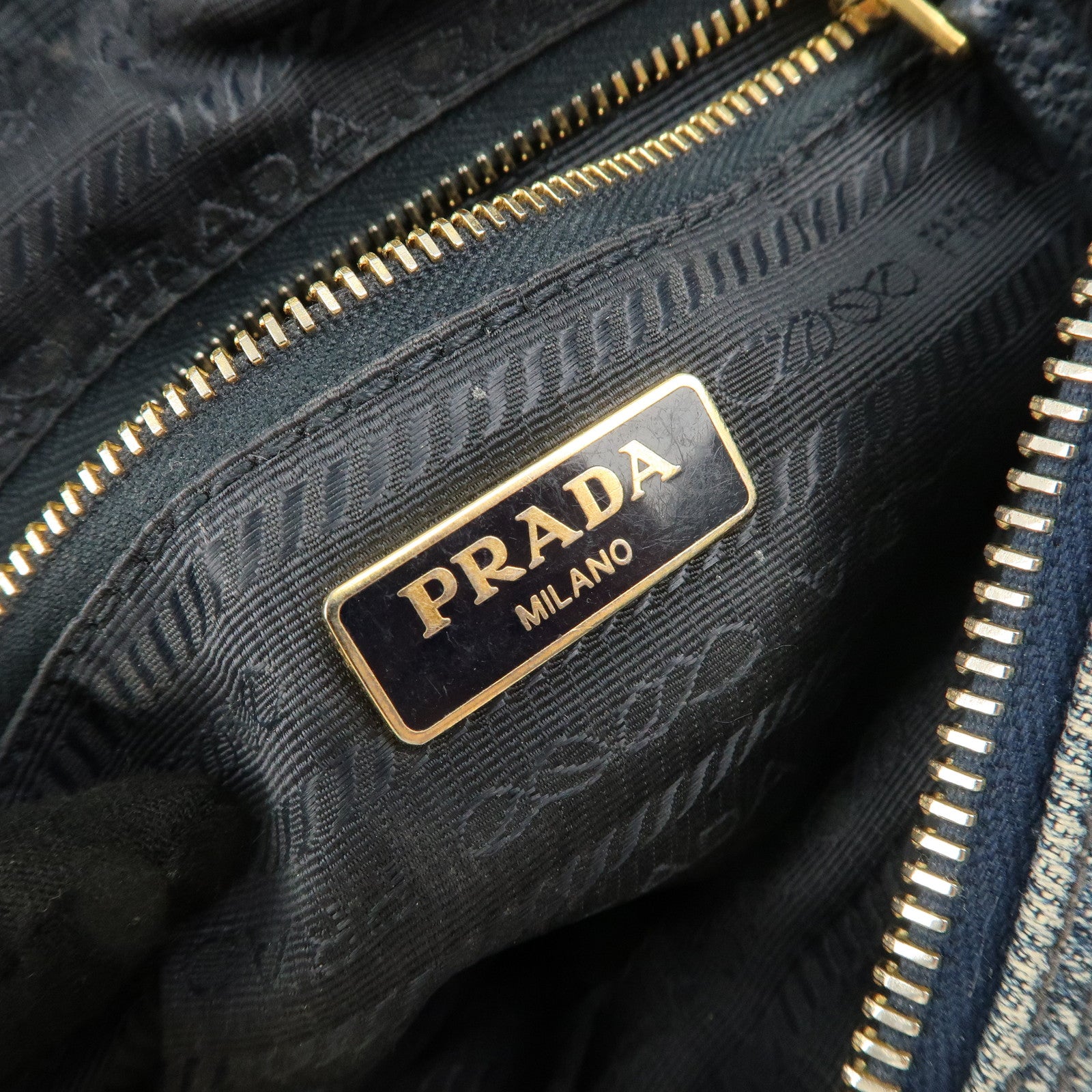 PRADA Triangle Logo Denim Pouch Cosmetic Pouch Blue Gold Hardware