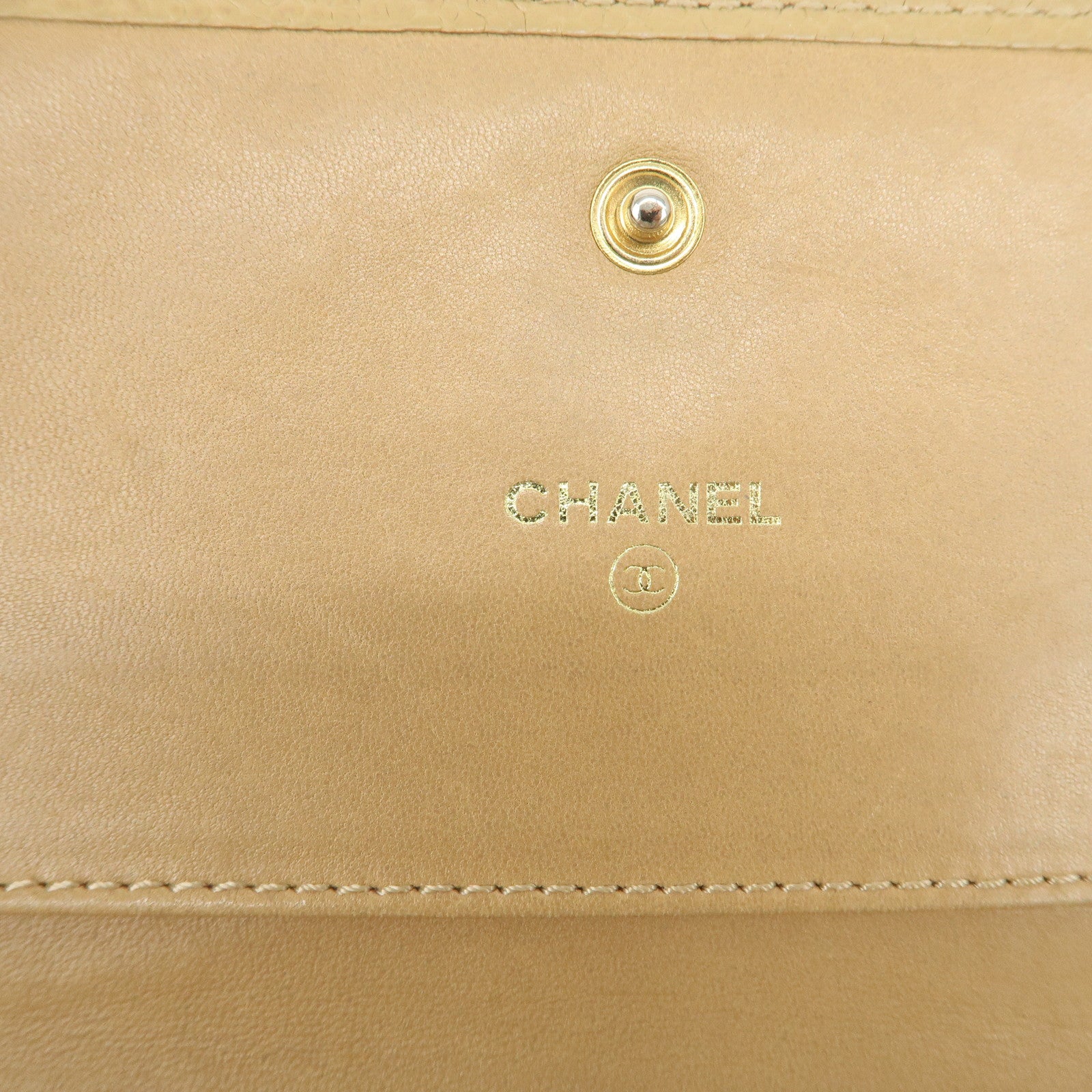 CHANEL Caviar Skin COCO Mark Tri-Fold Wallet Beige Gold