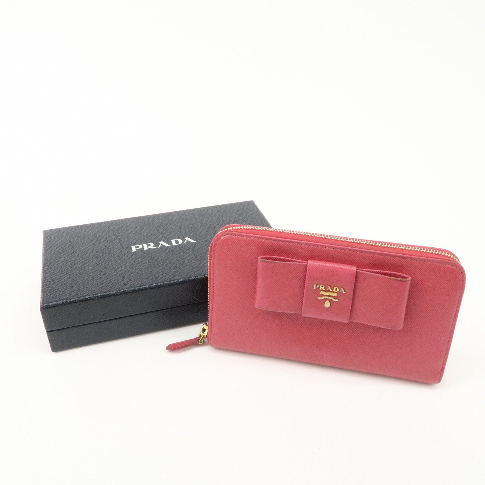 PRADA Saffiano Leather Zip Around Long Wallet Ribbon 1M0506 Used