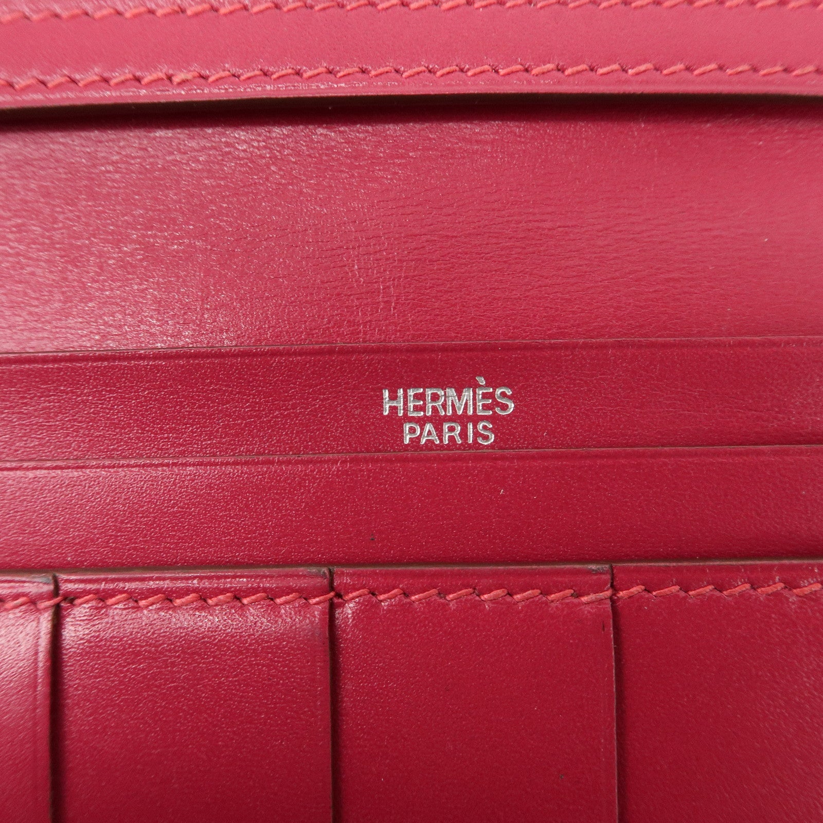 HERMES Leather Bearn I Engraved Long Wallet Pink