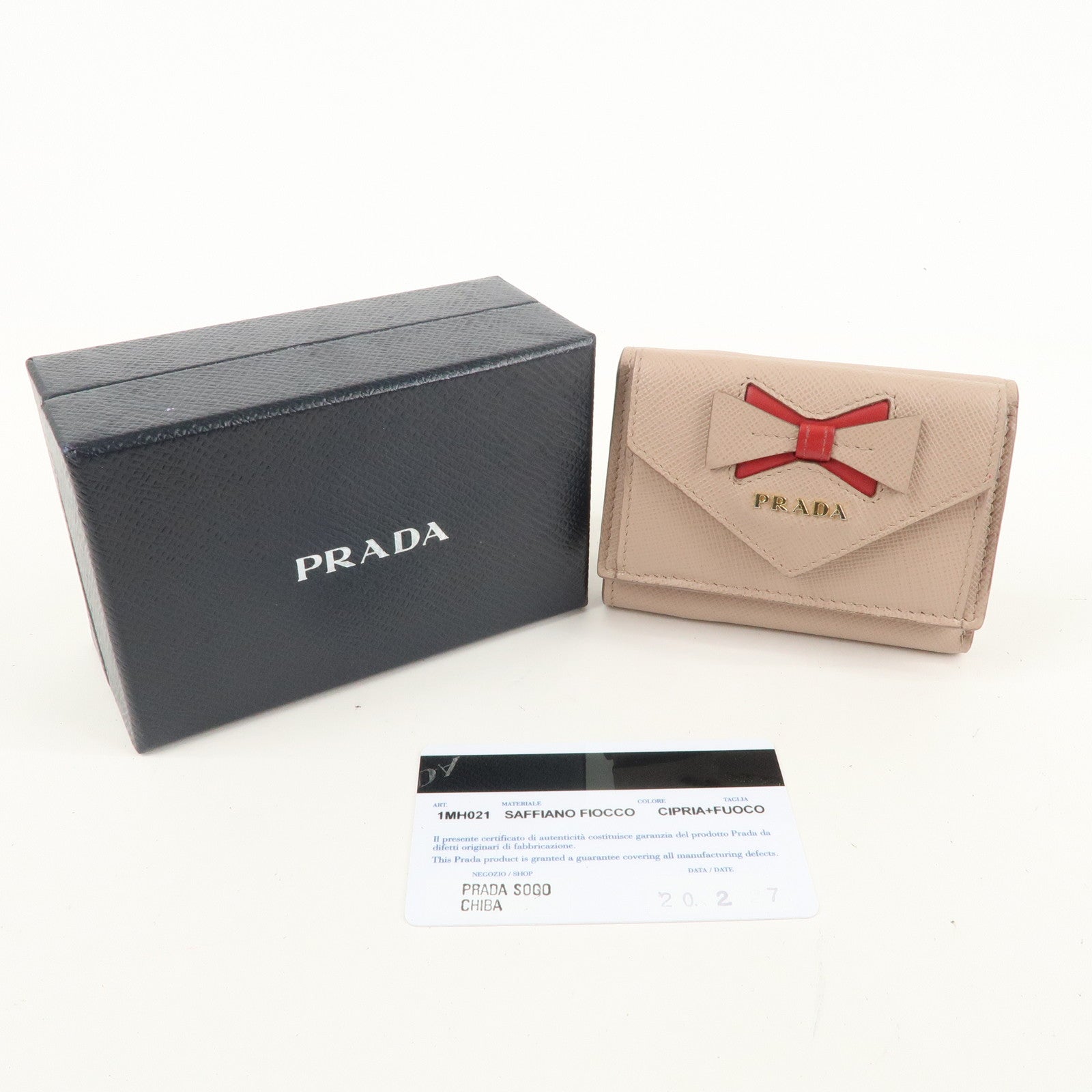 PRADA Saffiano Leather Trifold Wallet Pink Beige Red Ribbon 1MH021