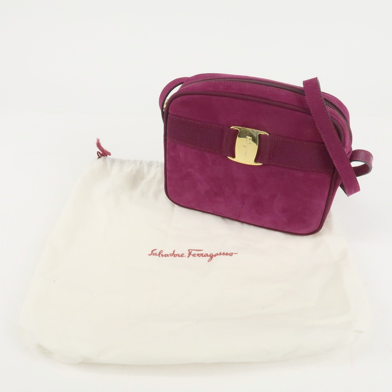 Ferragamo Vara Ribbon Suede Leather Shoulder Bag Purple