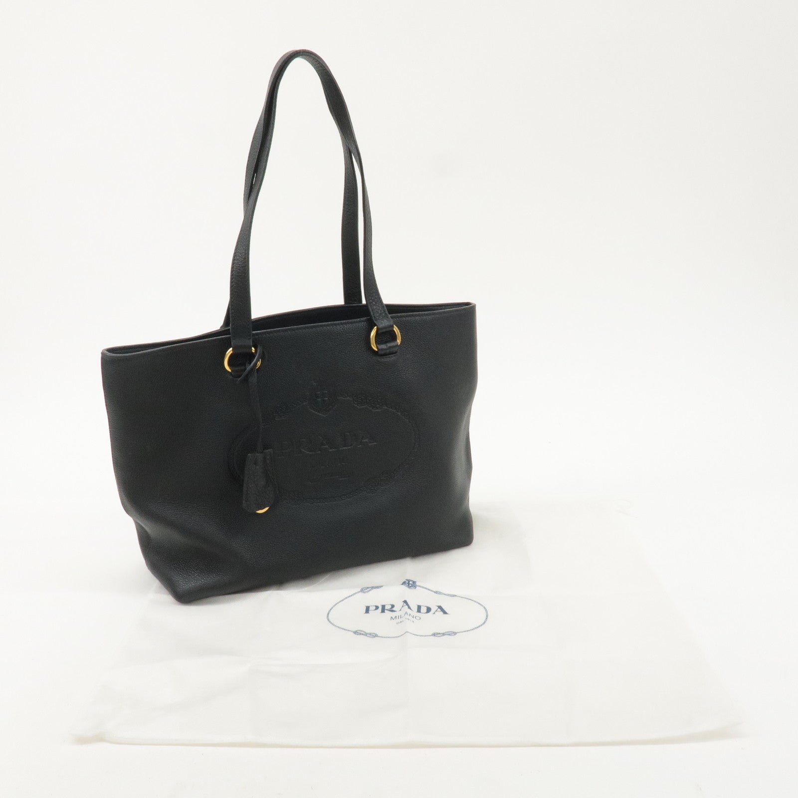 PRADA Logo Leather Tote Bag Shoulder Bag NERO Black 1BG100