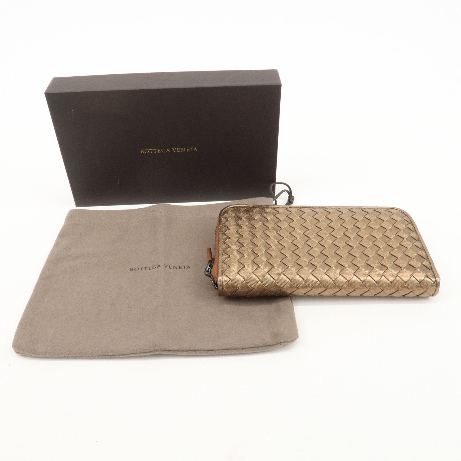 BOTTEGA VENETA Intrecciato Leather Zipper Wallet Metalic 114076