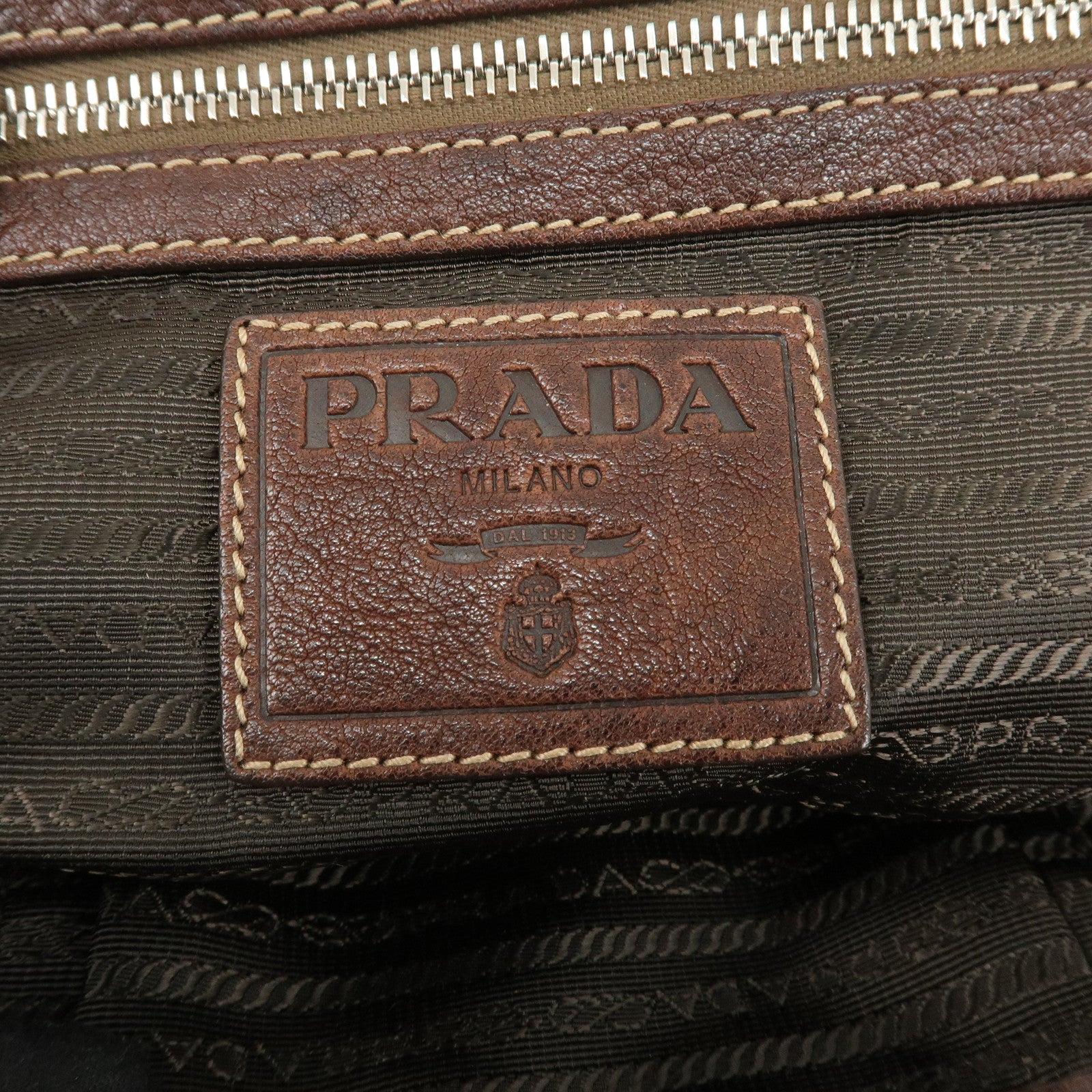 PRADA Logo Jacquard Leather Tote Bag Hand Bag Blue Dark Brown