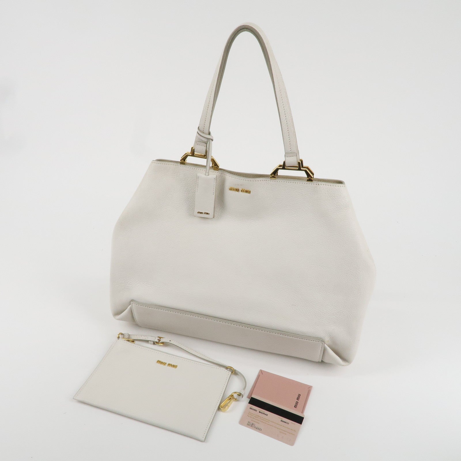 MIU MIU Logo Leather Tote Bag Shoulder Bag White 5BG002