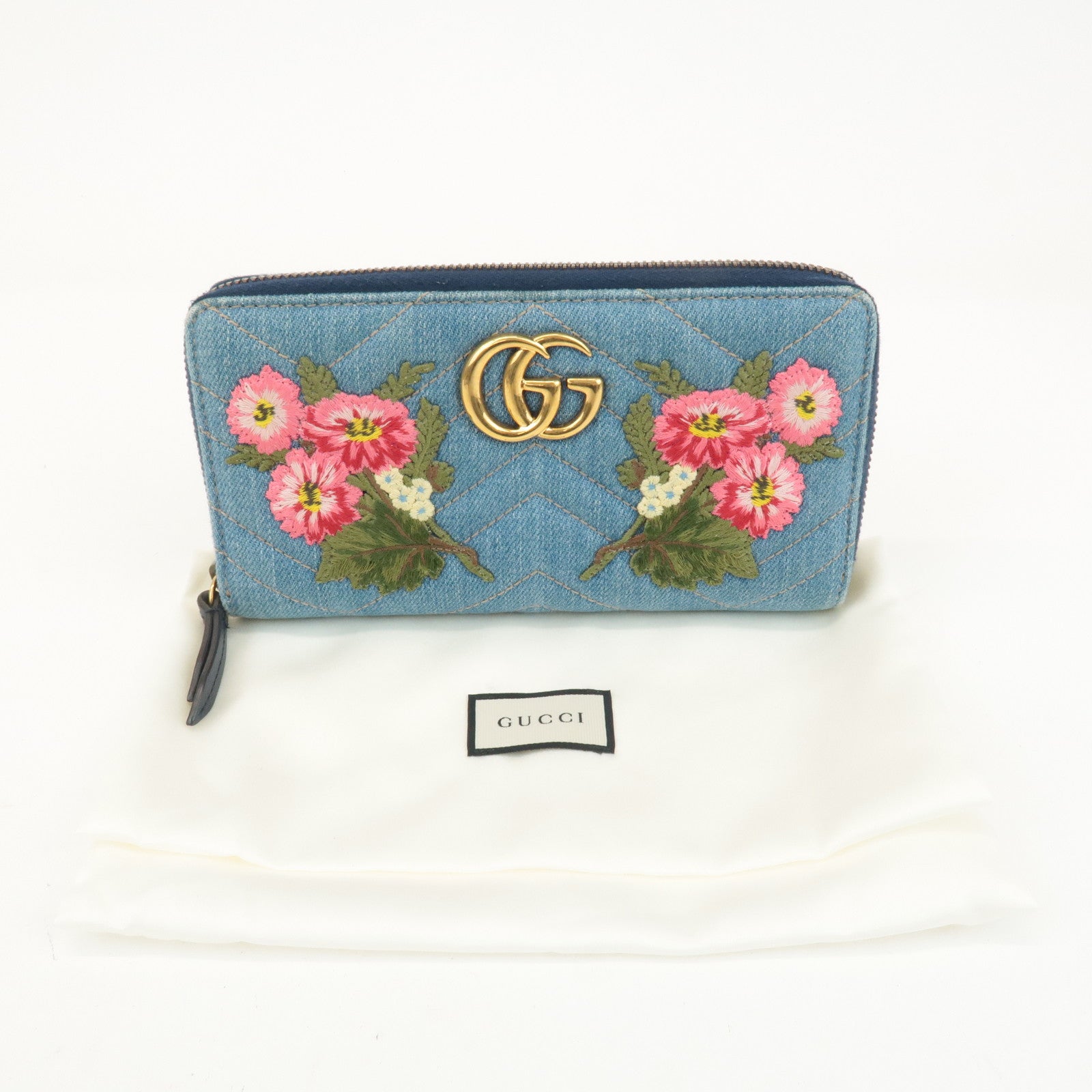 GUCCI GG Marmont Denim Zip Around Wallet Floral Pattern 443123 Used