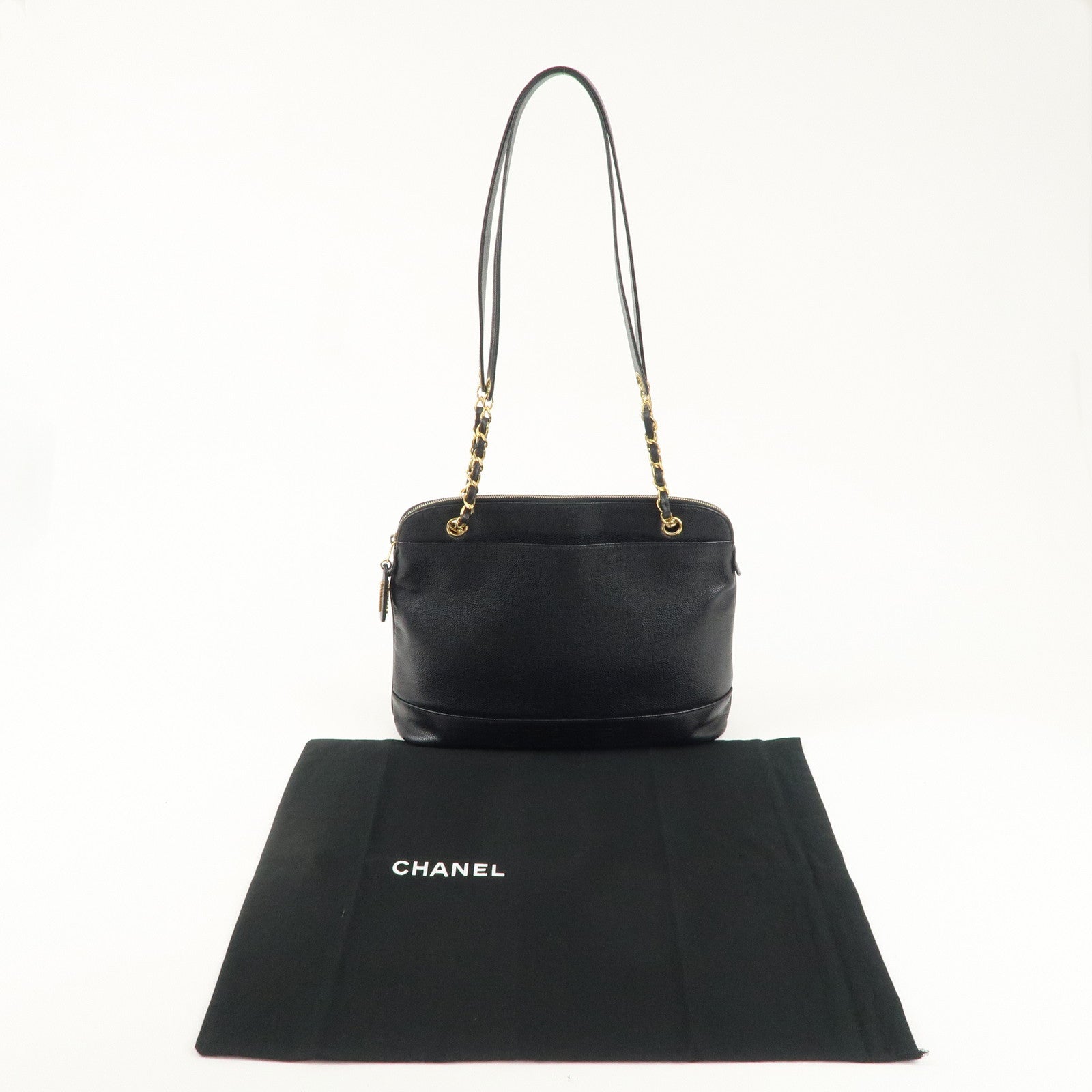 CHANEL Caviar Skin Chain Tote Bag Shoulder Bag Black Gold