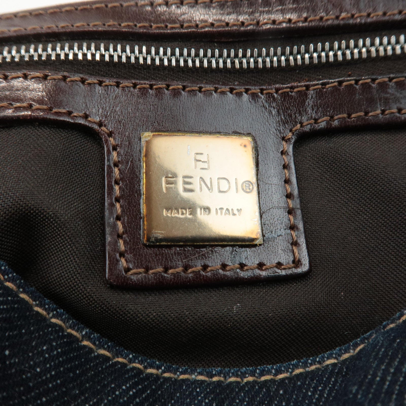 FENDI Denim Leather Shoulder Bag Indigo Brown 26640