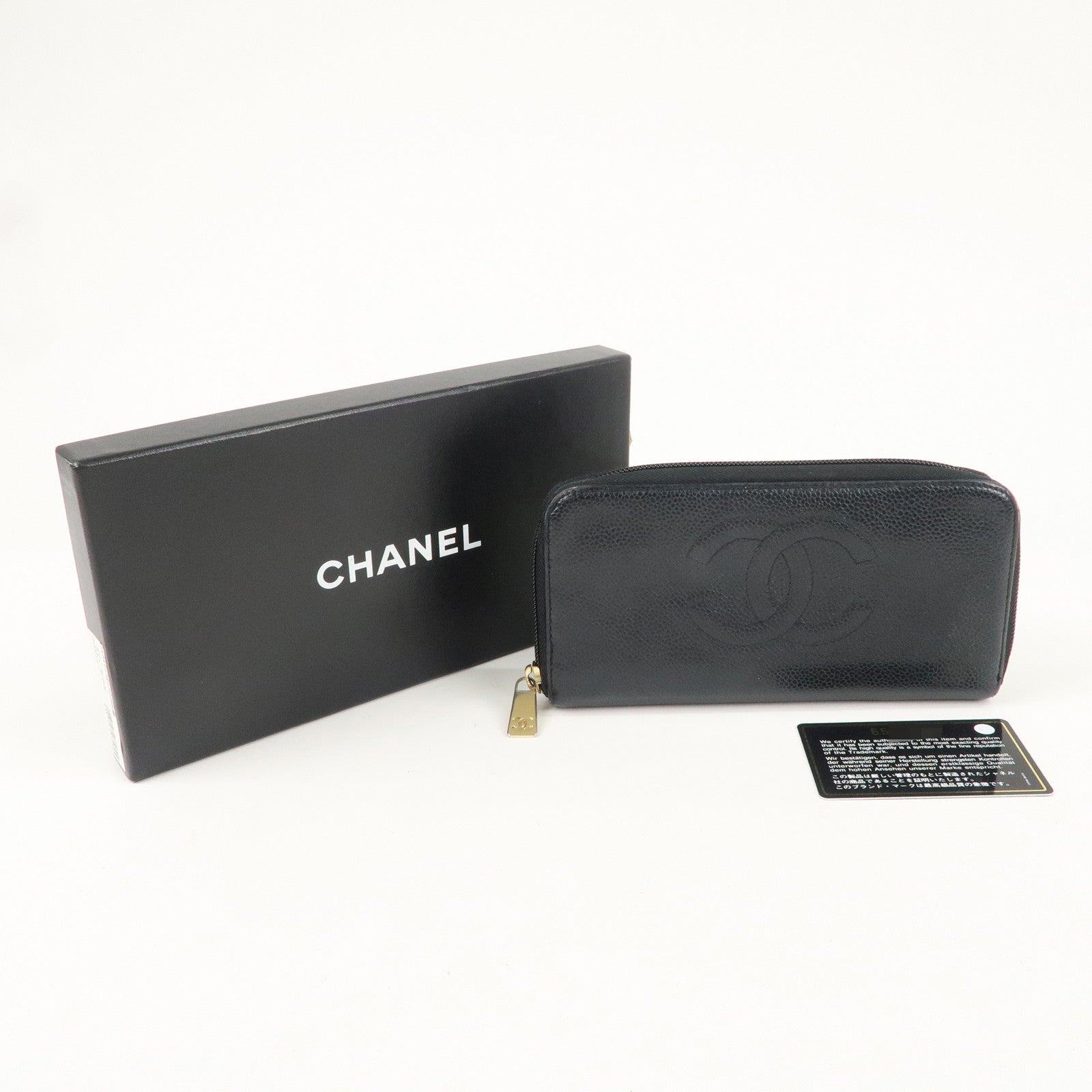 CHANEL Caviar Skin Zippy Round Long Wallet Purse Black A13228