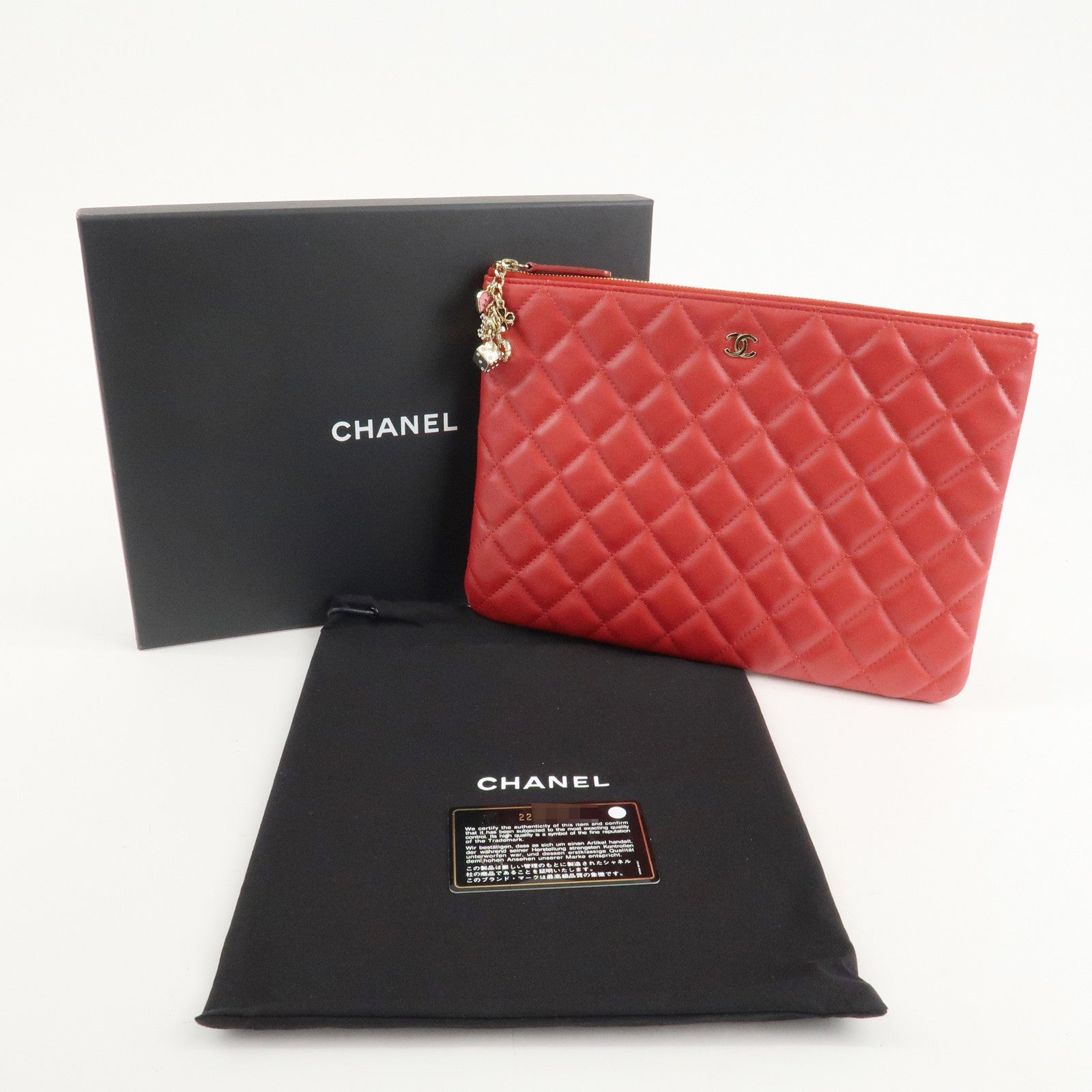 CHANEL Matelasse COCO Mark Lamb Skin Clutch Bag Red Used