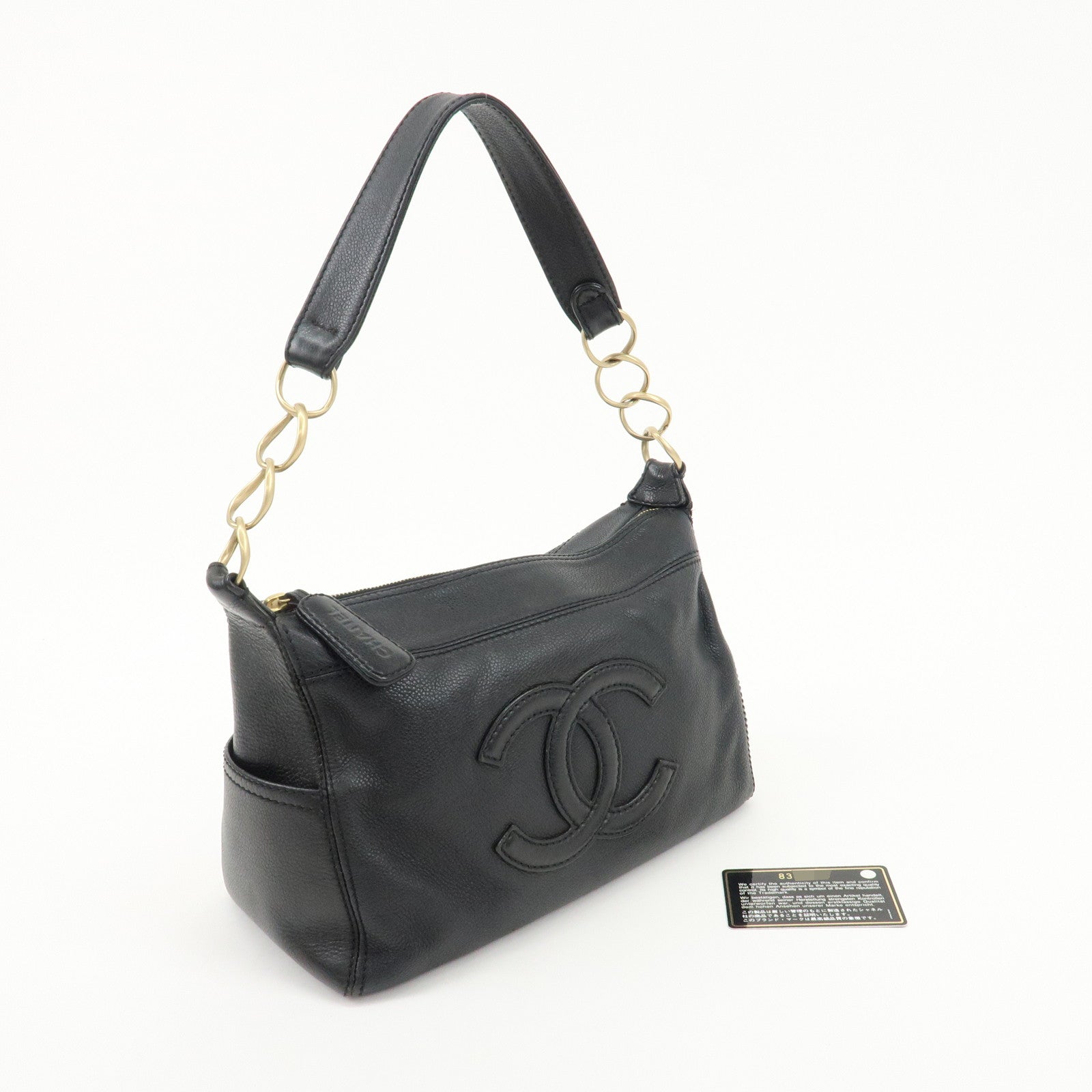 CHANEL Leather Coco Mark Shoulder Bag Hand Bag Black Used