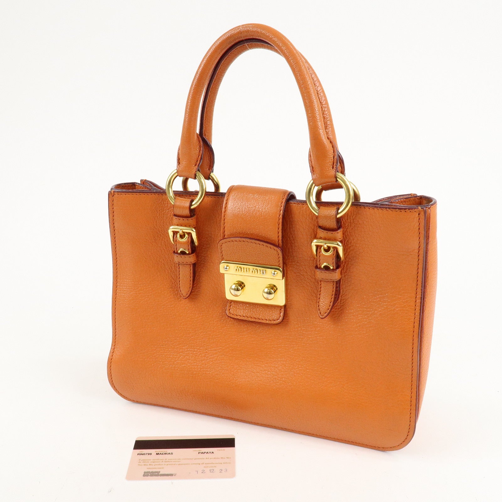 MIU MIU Madras Leather 2WAY Bag Hand Bag Orange RN0799