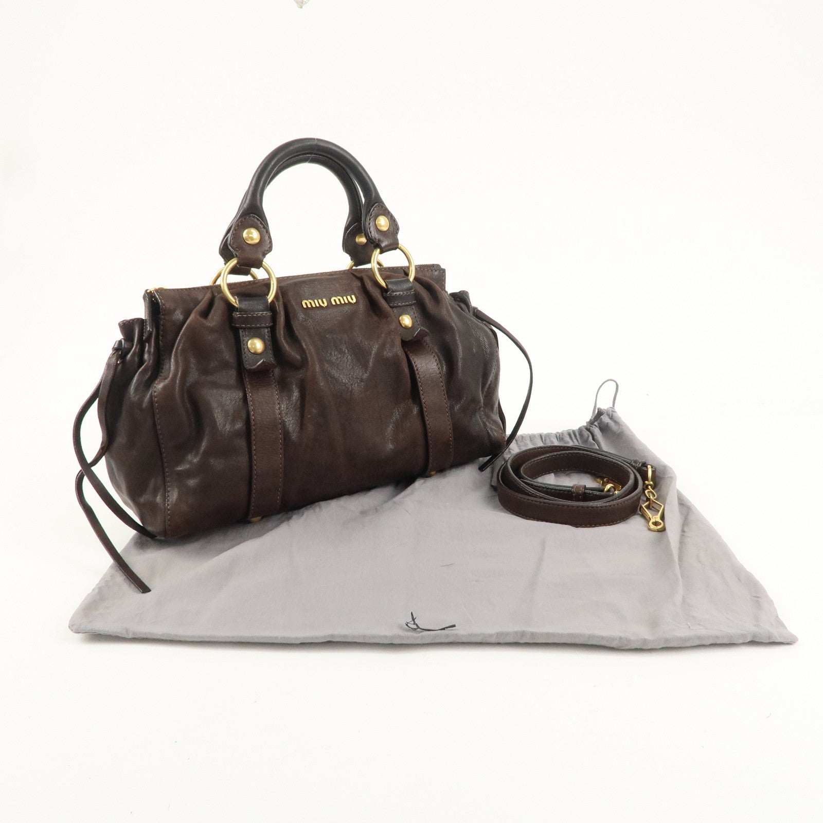 MIU MIU Leather 2Way Bag Hand Bag Shoulder Bag Dark Brown RT0384