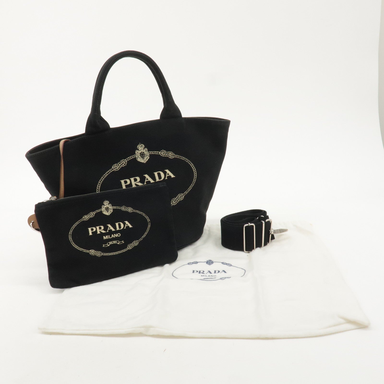 PRADA Logo Canapa Canvas Leather 2Way Bucket Bag Black 1BG163