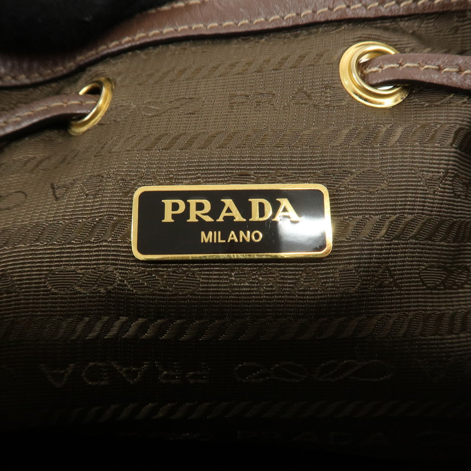 PRADA Logo Jacquard Leather Drawstring Shoulder Bag Beige 1BH038 Used