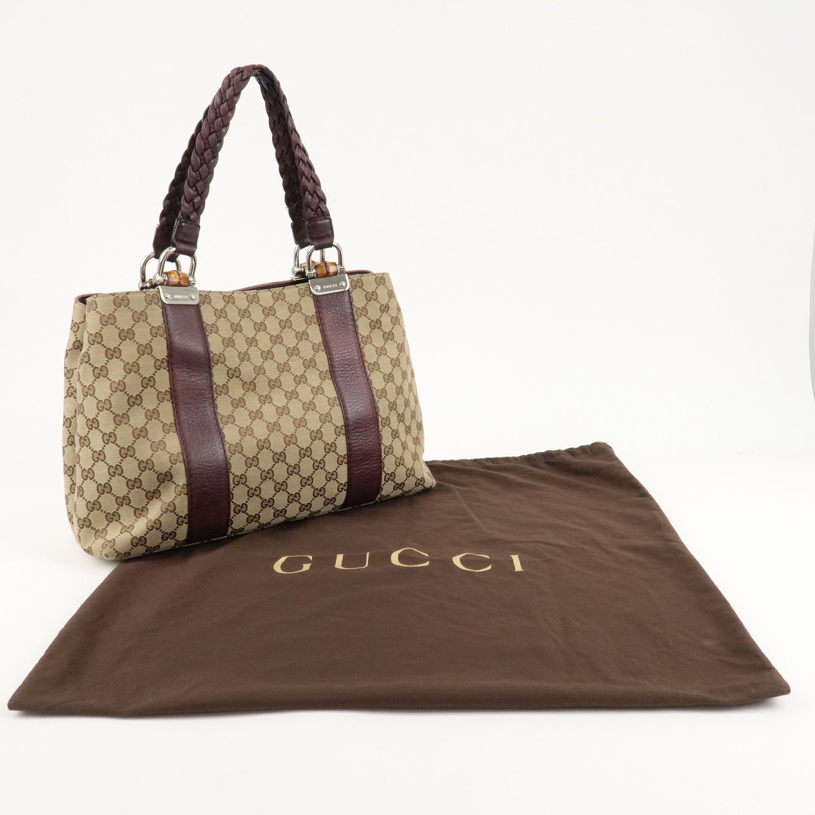 GUCCI Bamboo Bar GG Canvas Leather Tote Bag Beige Brown 232947 Used