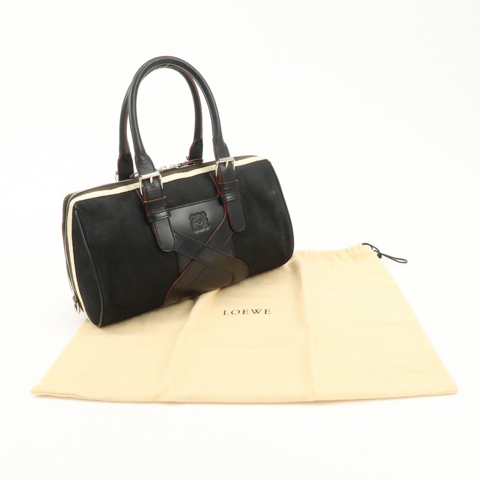 LOEWE Anagram Suede Leather 2Way Boston Bag Black Silver Hardware Used