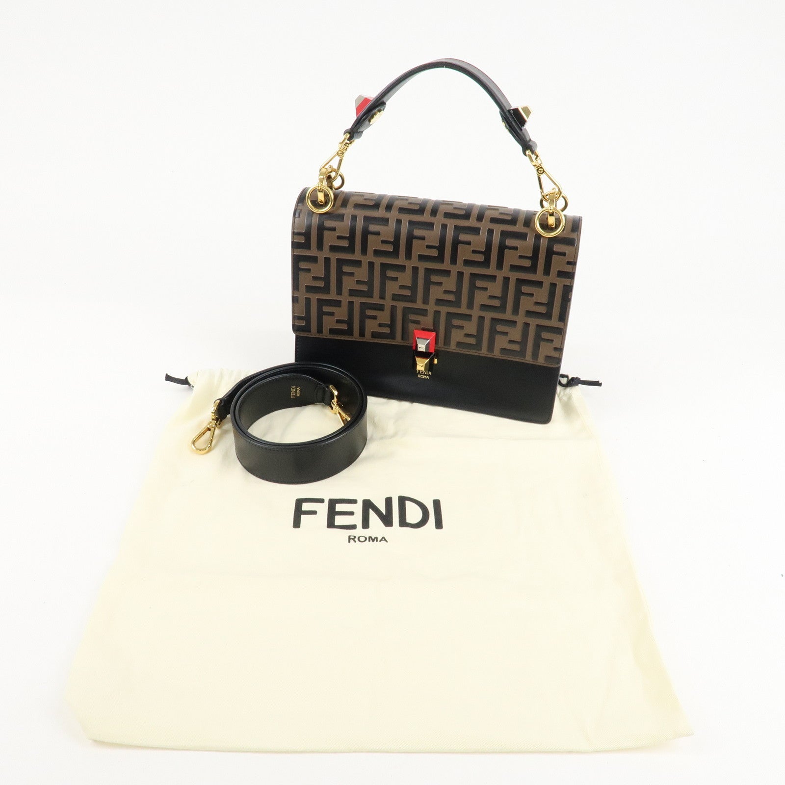 FENDI Zucca KAN I Leather 2Way Bag Hand Bag Brown Black 8BT283 Used