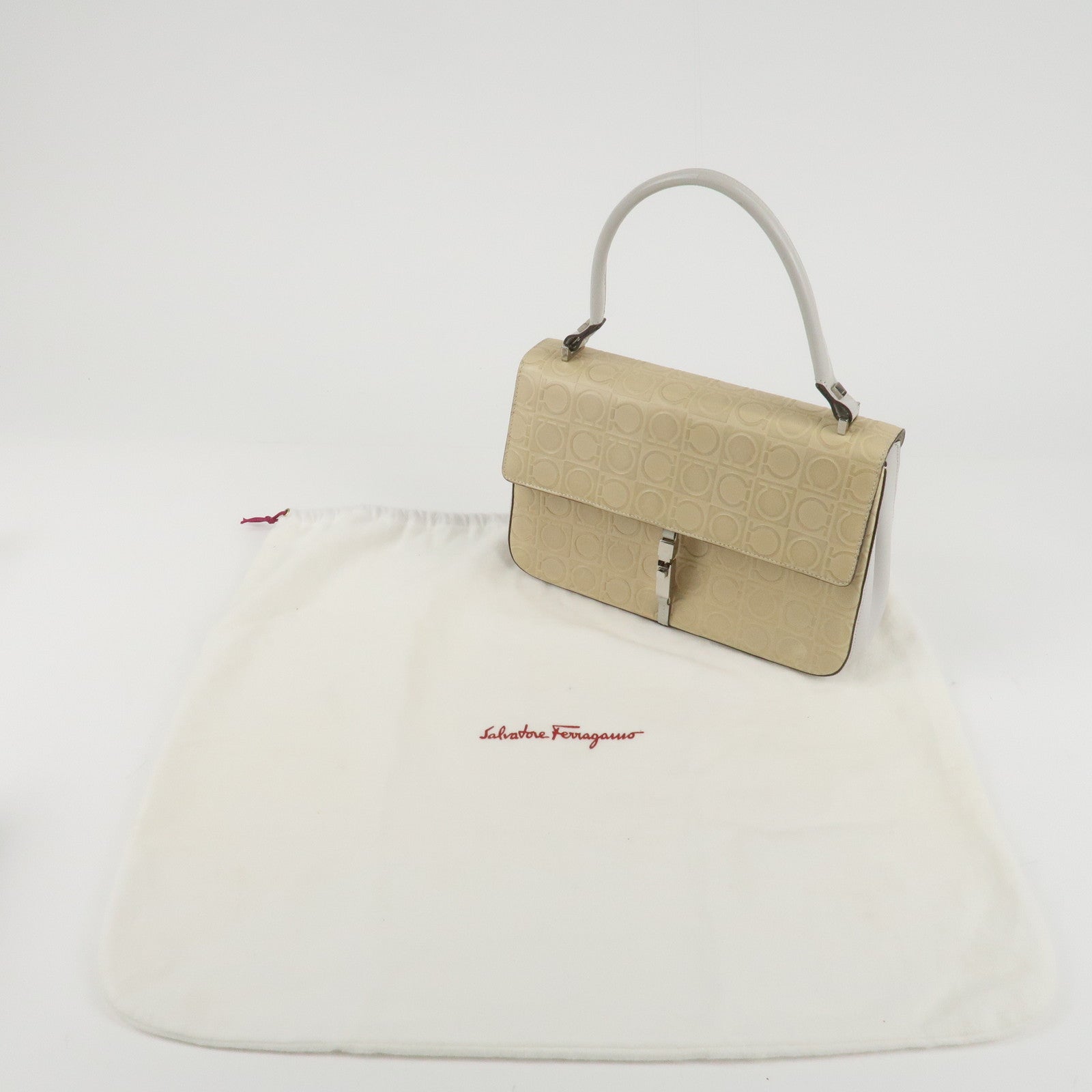 Ferragamo Gancini Pattern Leather Hand Bag Ivory