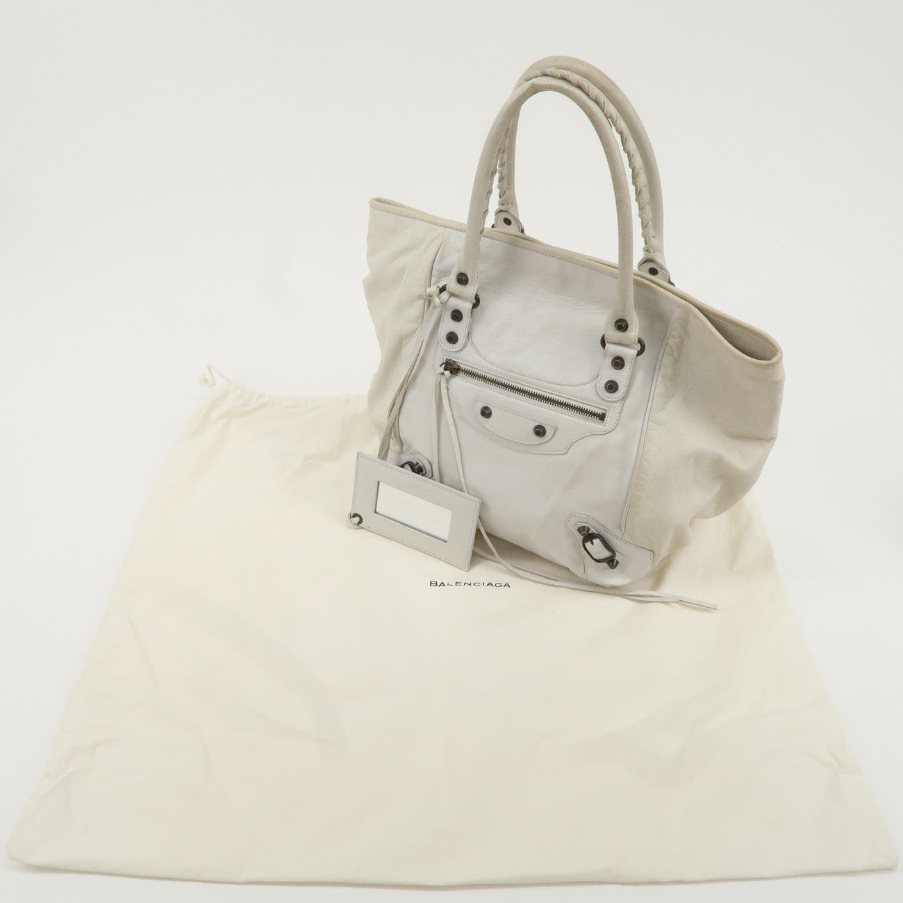 BALENCIAGA Leather The Sunday Tote Hand Bag White 228750