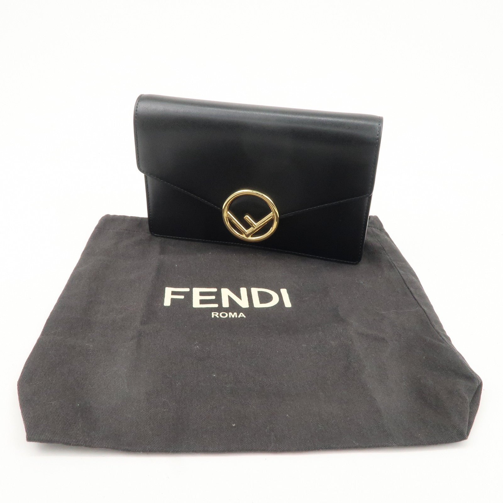 FENDI F is FENDI Leather Chain Wallet Clutch Bag Black 8BS006 Used