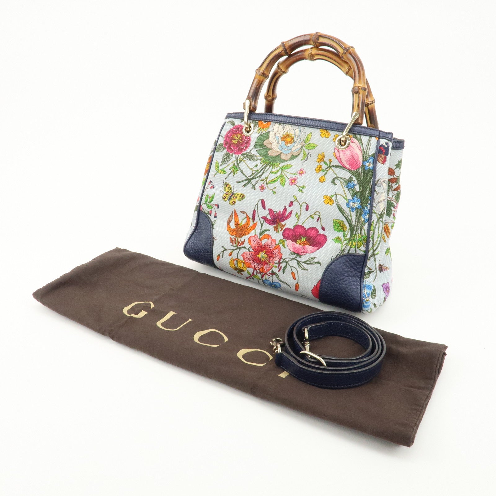 GUCCI Bamboo Flora Canvas Leather Shopper Small 2WAY Bag 336032 Used