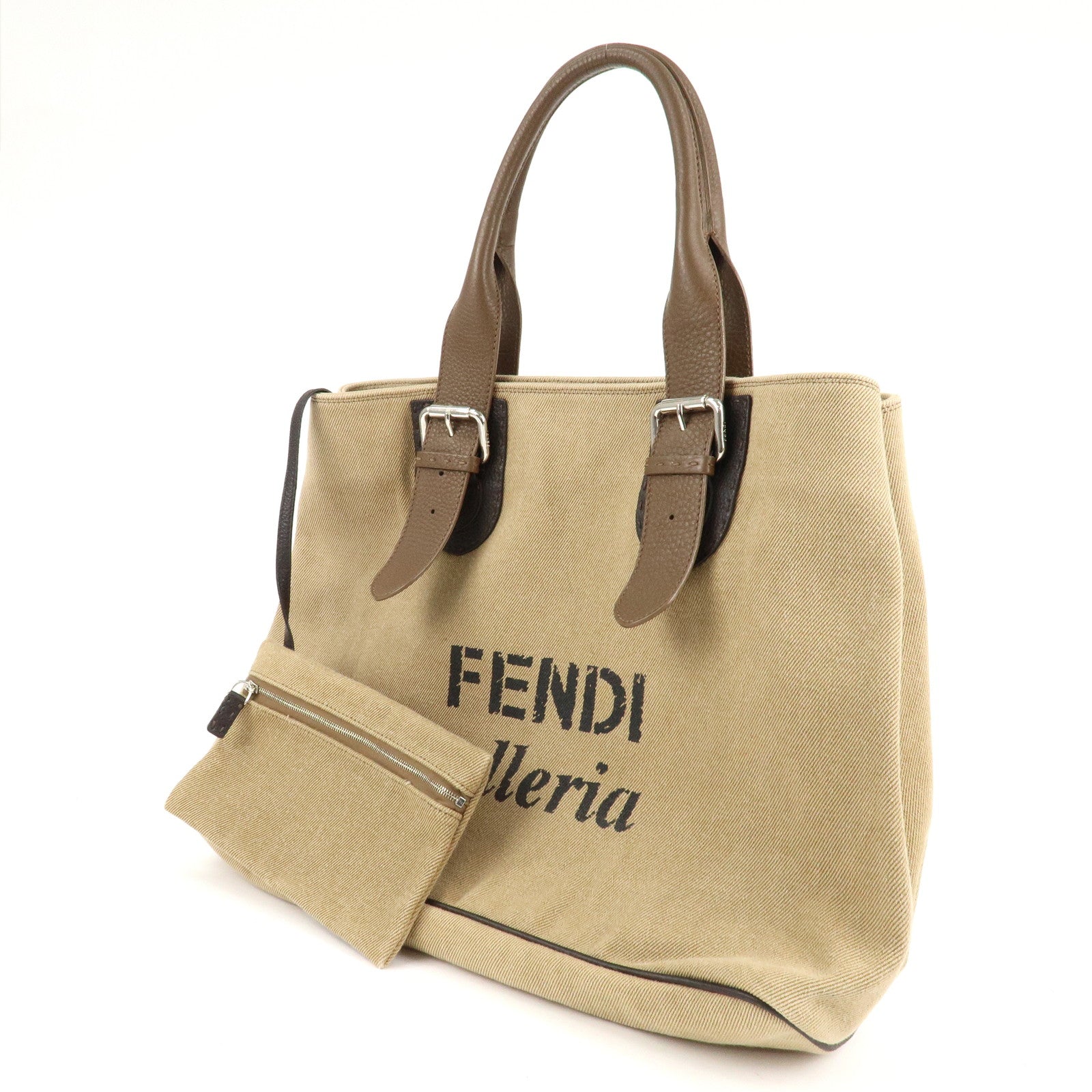 FENDI Canvas Leather Tote Bag Shoulder Bag Hand Bag Beige