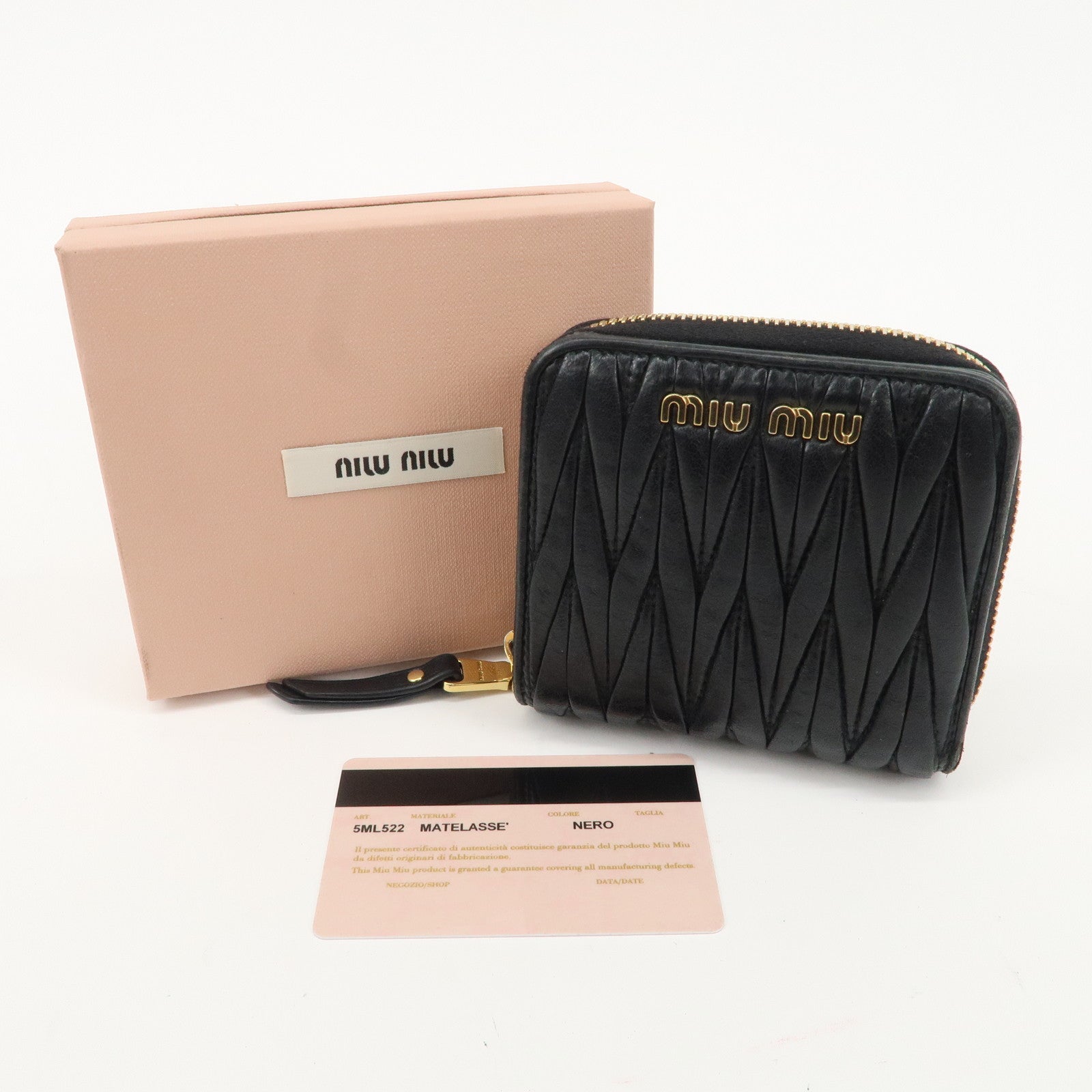 MIU MIU Matelasse Leather Bi-fold Wallet Black 5ML522 Used