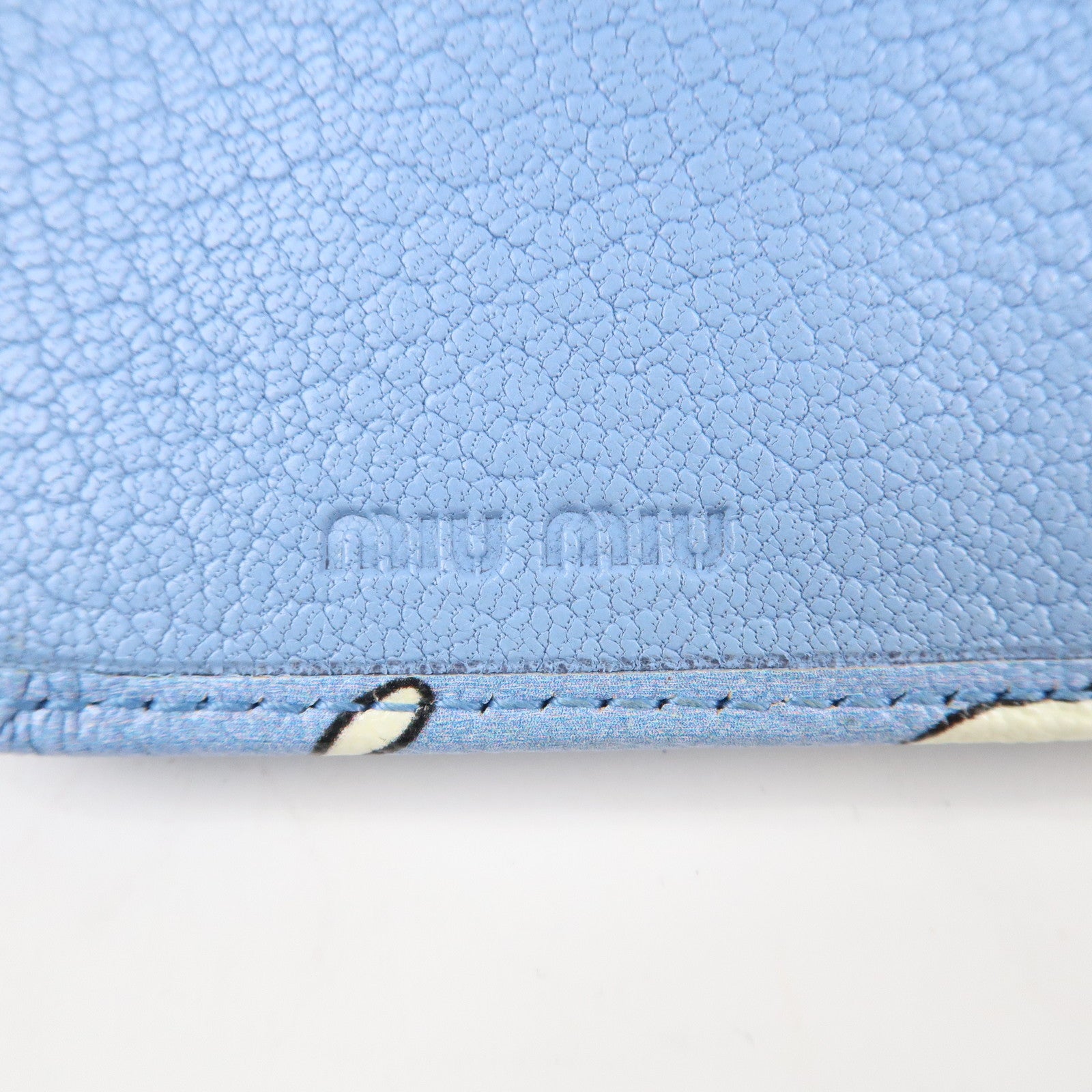 MIU MIU Logo Leather Bi Fold Wallet Cat Pattarn Blue White Used