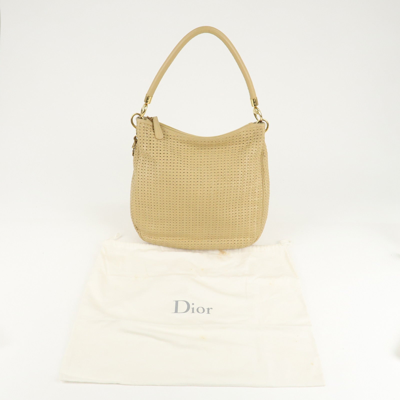 Christian Dior Leather Shoulder Bag Hand Bag Beige Used