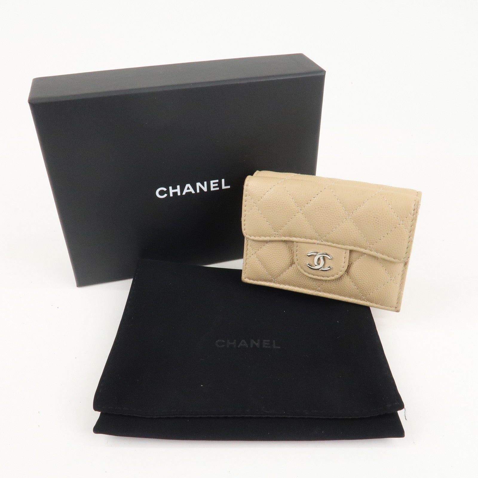 CHANEL Matelasse Cavier Skin Compact Wallet Beige Silver HDW