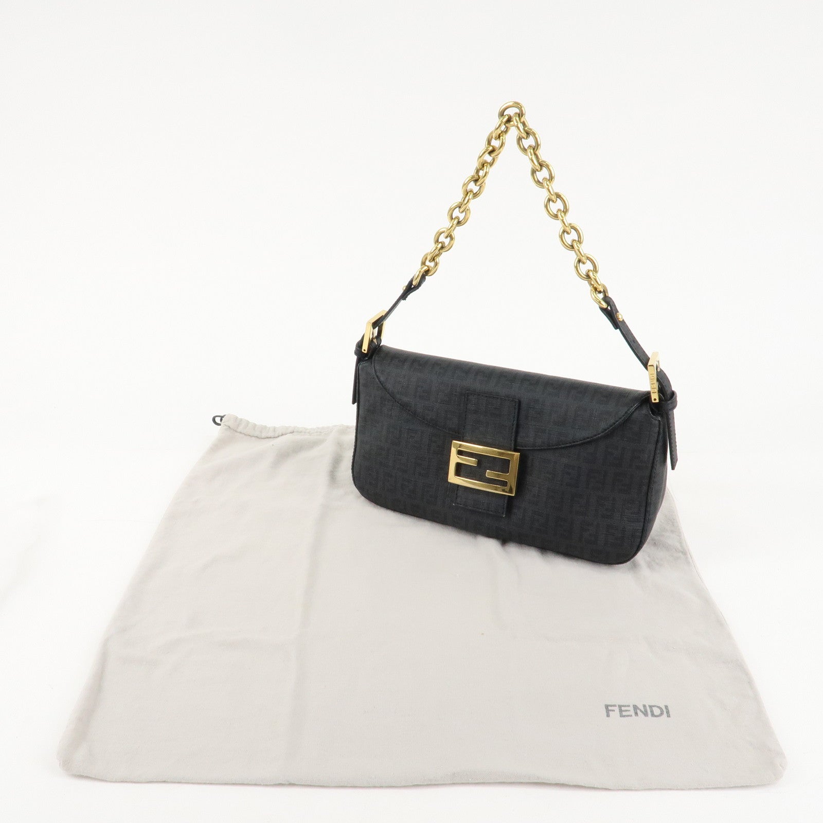 FENDI Zucchino PVC Leather Chain Shoulder Bag Gray Black 8BR003